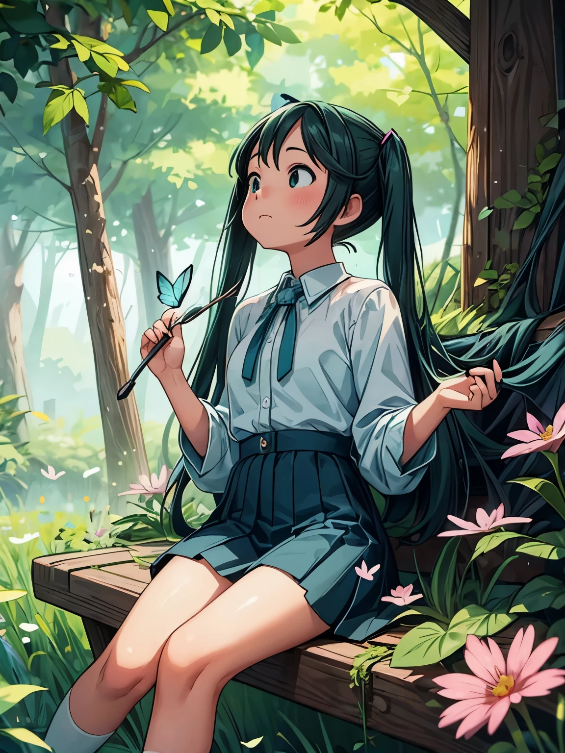 (masterpiece、highest quality、highest quality、Official Art、Beautiful and beautiful:1.2)、(One girl:1.3)Hatsune Miku、Twin tails,Big Breasts,High detail, Super detailed, 8k, Ultra-high quality cute and innocent girl, , , Having a good time outdoors, Surrounded by natural beauty, The warm sun shining down on her, Wildflowers swaying gently in the breeze. Butterflies and birds flutter around her, Creates a playful atmosphere,
