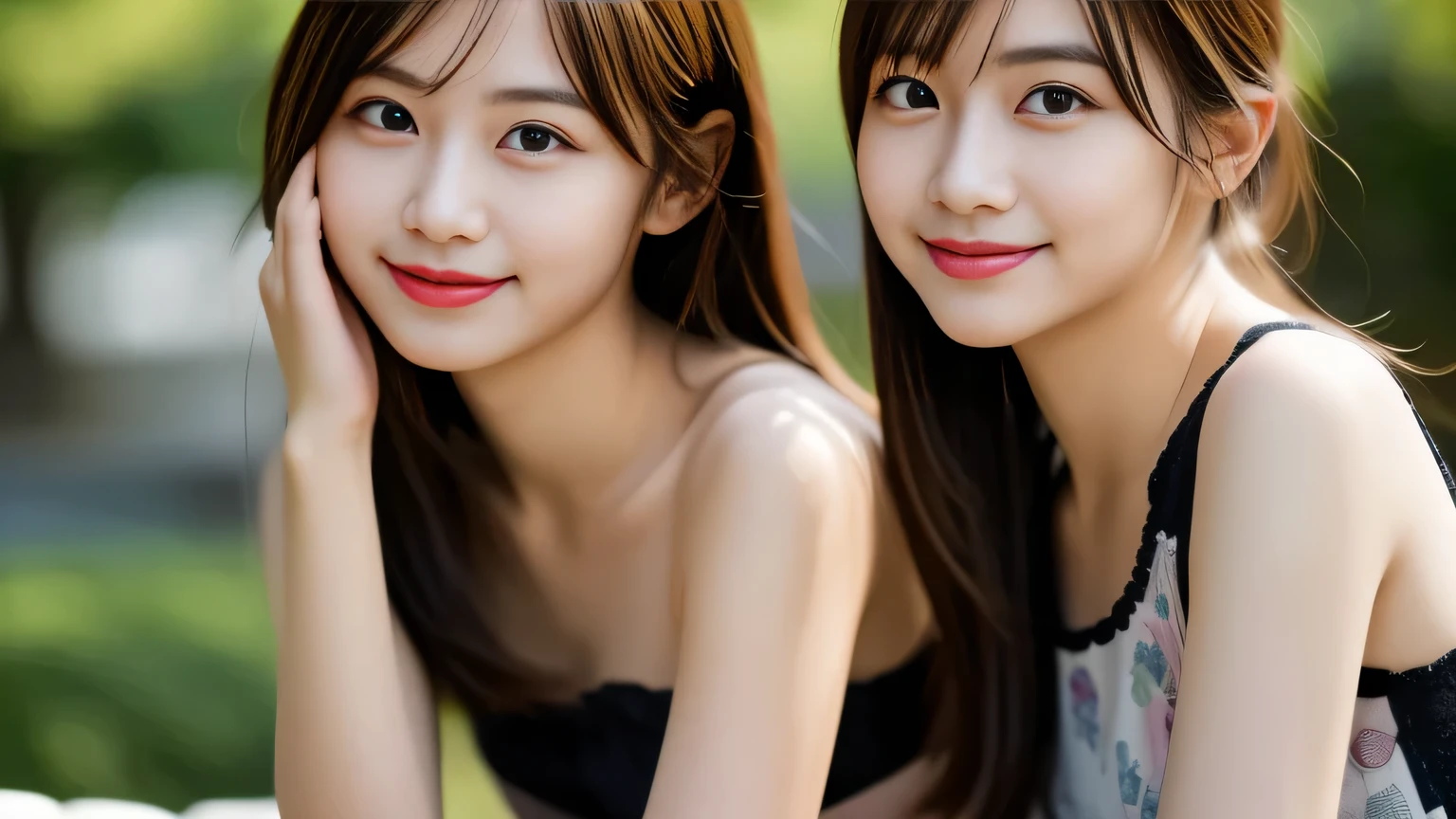 (two girls:1.5),(8k, RAW photo, best quality, masterpiece:1.2), (realistic, photo-realistic:1.4), (extremely detailed 8k wallpaper), sharp focus, depth of field, blur background, bokeh,Do not split,sitting on the bed,(Japanese Woman),20-year-old woman,ponytail,(well-proportioned body shape:1.5),(Black bikini),(Looking at viewer),((super fine face)),(The whole body was shown),smile,(full body)