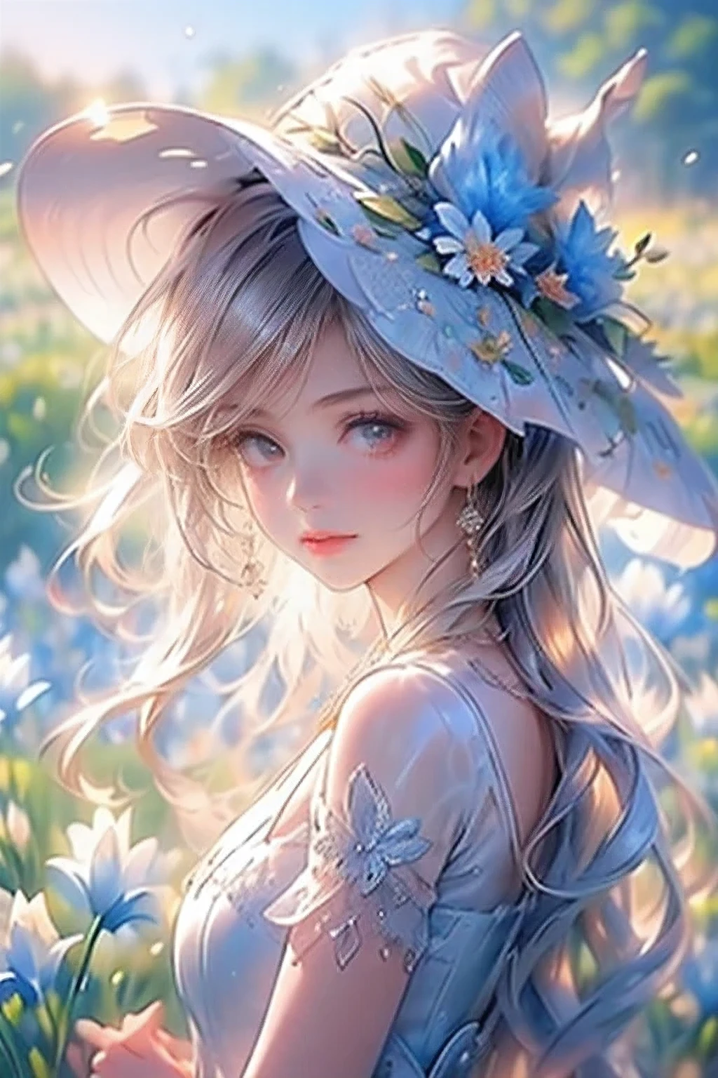 multiple exposure, masterpiece:1.2, highest quality, 16k, highres, ultra-realistic, photorealistic:1.37, beautiful detailed:1.2, cute lily fairy girl, flying in a meadow full of lilies, holding a bouquet of lilies,meadow(colorful lilies, full of lilies, bluesky), beautiful delicate pure white dress and hat with a lily motif, Beautiful and elegant pose, gently smile, beautiful delicate(hair, face, long eyelash, eyes, pupils, lips, hat, dress), sparkling eyes, shining rosy lips, blushed cheek, through bangs,