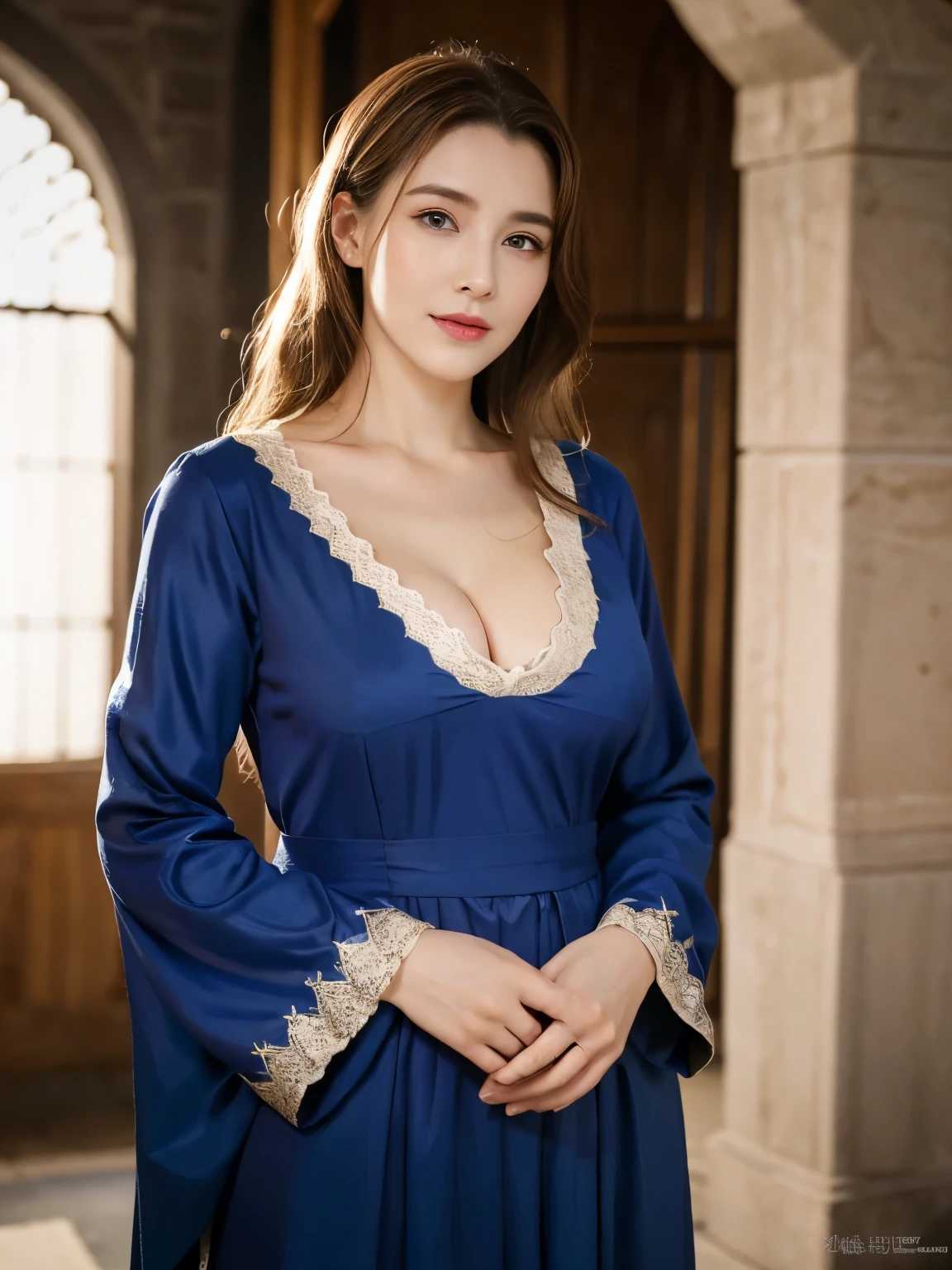 Classy sex appeal、Beautiful elderly woman、Transparent skin、Perfect natural light、8K High Resolution、High resolution、Glowing Beautiful Skin、Transparent beauty、masterpiece、Moist eyes、Bright spot、Gravure quality、Light pigmented hair color、Fantastic medieval European style、At the Royal Palace、Royal Blue Clothing、Long-sleeved clothing、Sister、High Priest、Large Breasts