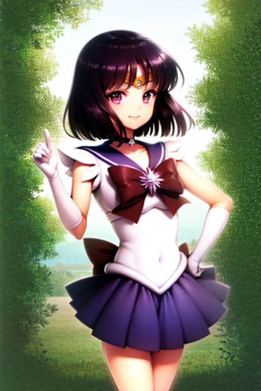 (masterpiece, highest quality:1.2), alone, 1 girl, Sailor Saturn, Magical girl, smile, Mouth closed, Looking at the audience, Hands on hips, tiara, Sailor Warrior Uniforms, Pleated skirt, Elbow Bag, jewelry, brooch, choker