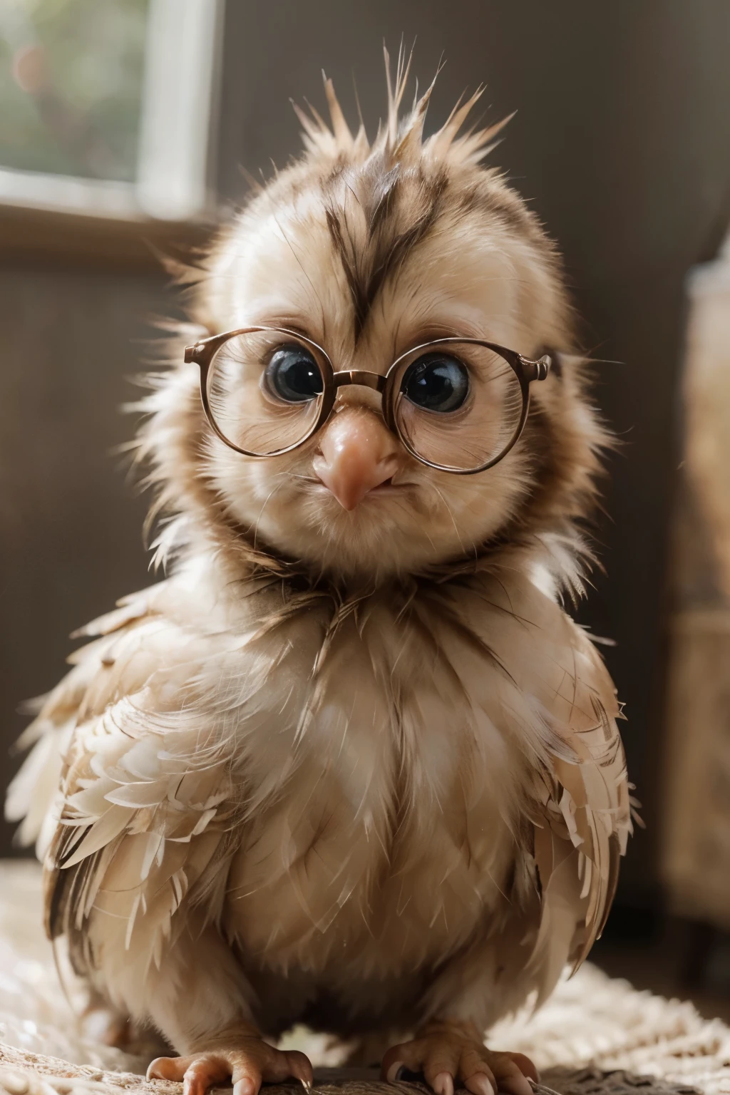 (best quality,4k,8k,highres,masterpiece:1.2),ultra-detailed,(realistic,photorealistic,photo-realistic:1.37),a cute baby chick wearing glasses,adorable,photorealistic,soft lighting,warm colors,detailed feathers,detailed eyes,detailed beak,detailed talons,whimsical,childlike,storybook,gentle expression,calm atmosphere