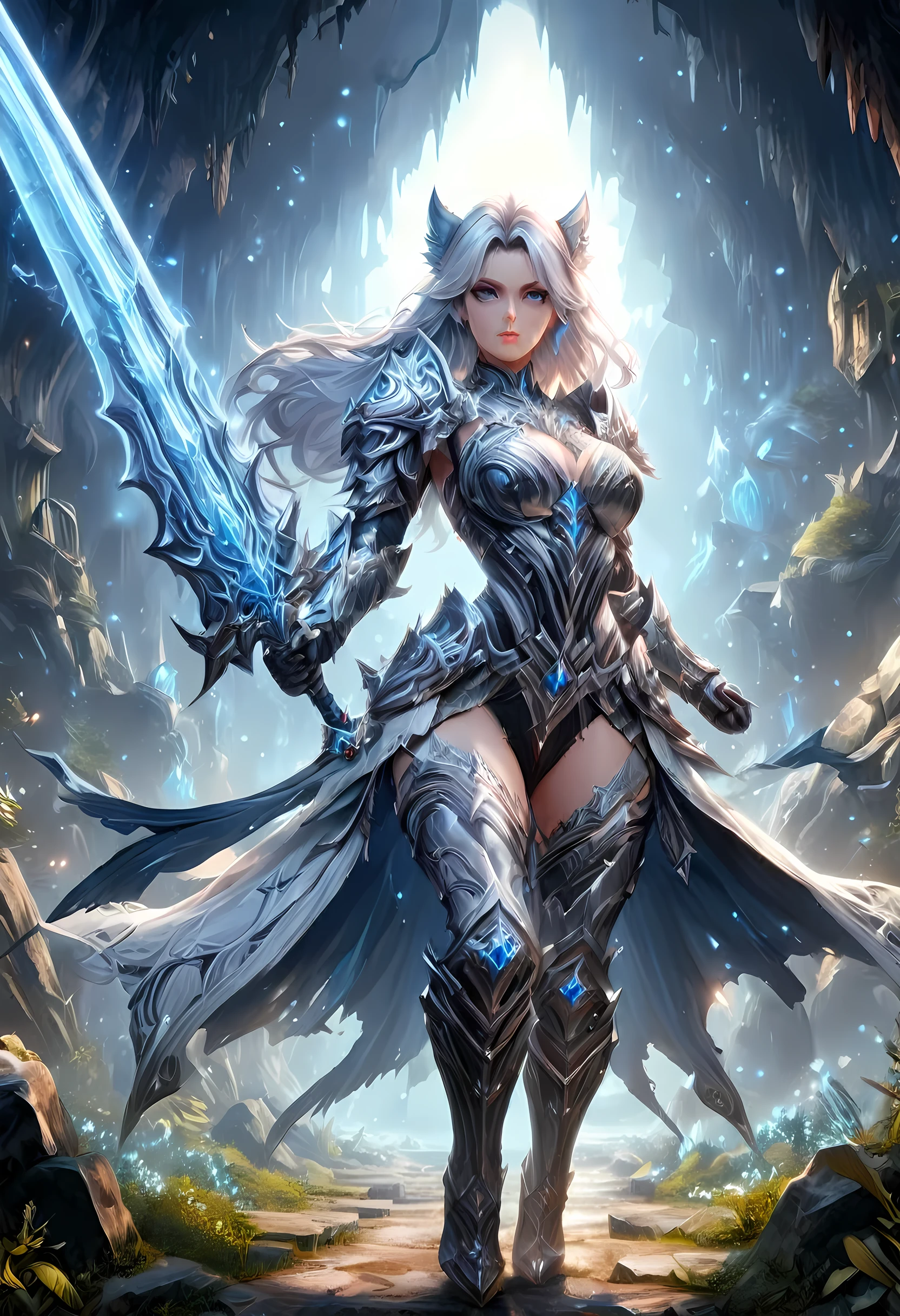 high details, best quality, 16k, [Ultra detailed], masterpiece,  best quality, (extremely detailed), dynamic angle, ultra wide shot, RAW, photorealistic, fantasy art, RPG art, realistic art, a wide angle picture of an epic female elf ranger and her pet (white tiger: 1.3),  warrior of nature, fighter of nature, full body, [[anatomically correct]] full body (intricate details, Masterpiece, best quality: 1.5) talking to an epic (white tiger: 1.3) (intricate details, Masterpiece, best quality: 1.6) armed with an epic magical sword  (intricate details, Masterpiece, best quality: 1.5) epic magical sword Wielding sword, glowing in blue light , in dark forest ( intricate details, Masterpiece, best quality: 1.4), a female beautiful epic drow wearing leather armor (intricate details, Masterpiece, best quality: 1.5), leather boots, thick hair, long hair, red hair, pale skin intense eyes, forest  background (intense details), moon light, stars light, clouds (intricate details, Masterpiece, best quality: 1.5), dynamic angle, (intricate details, Masterpiece, best quality: 1.3), high details, best quality, highres, ultra wide angle, ladyshadow, drkfntasy