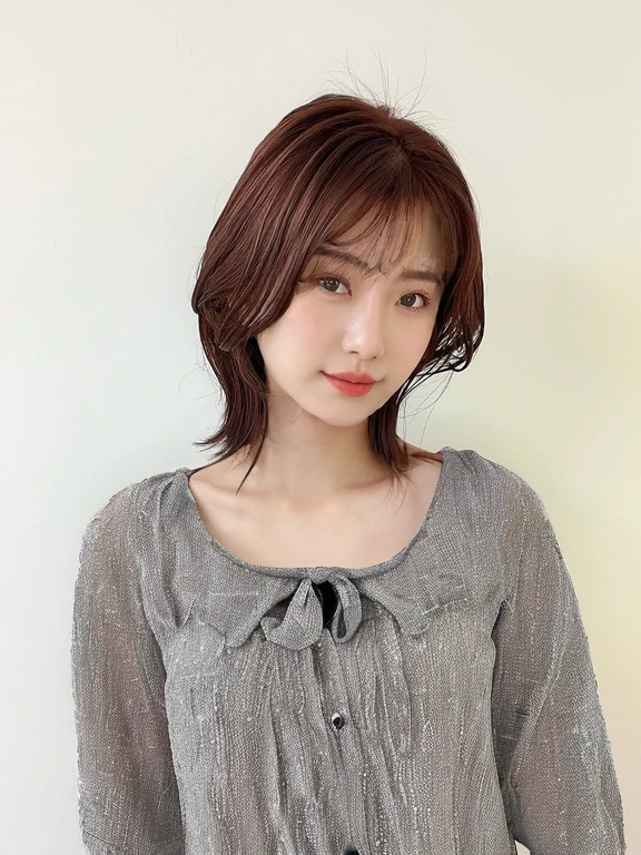 Best Quality, 8k, Masterpiece, (Portrait: 1.3), (photo realistic:1.4), (hyper realistic:1.4), Sharp Focus, looking at viewer, (smoother lighting:1.1), (increase cinematic lighting quality:0.9), realistic lighting, backlighting, light on face, ray trace, (brightening light:1.2), (Increase quality:1.4), sharp detail, (best quality real texture skin:1.4), finely detailed eyes, black_eyes, finely detailed face, 25 year old Korean woman, (gray formal_shirt:1.4), (Create an image maintaining the original base model hairstyle:1.5)