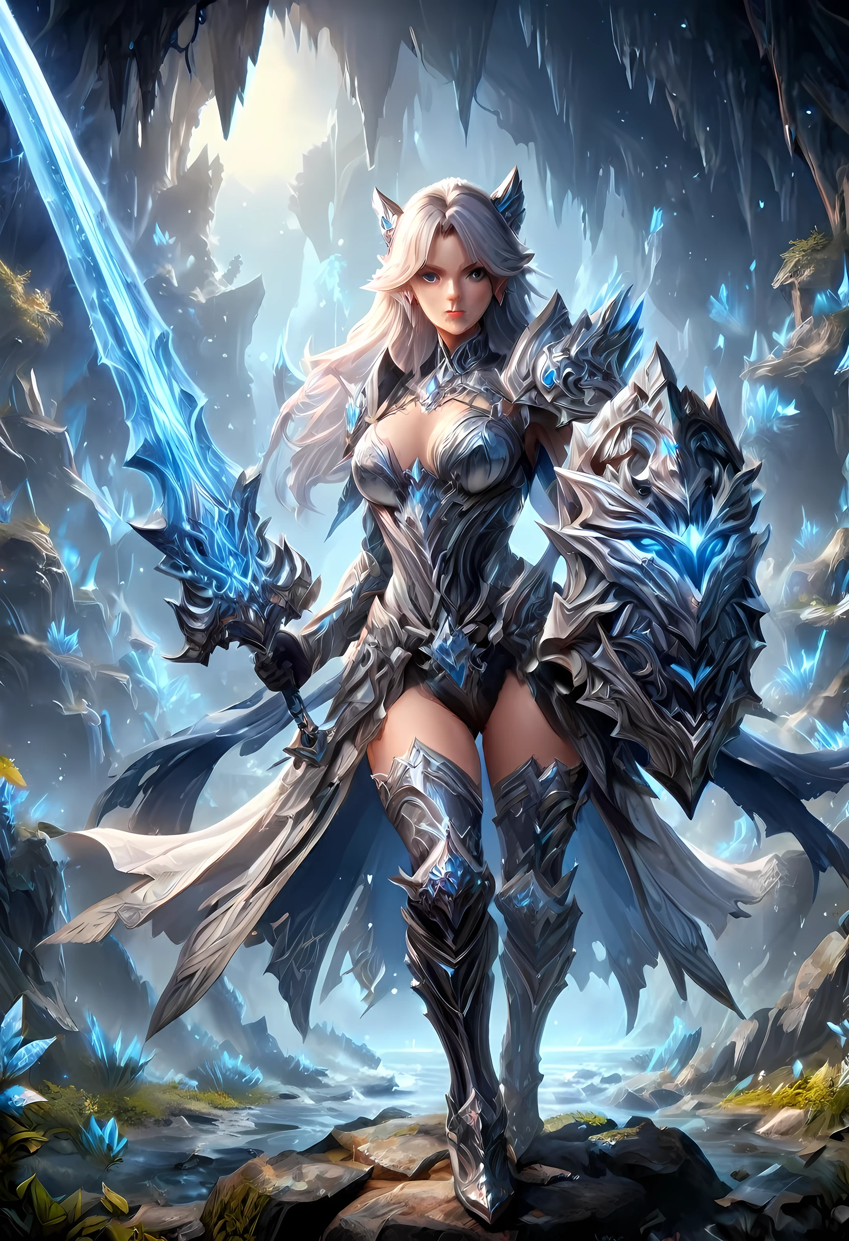 high details, best quality, 16k, [Ultra detailed], masterpiece,  best quality, (extremely detailed), dynamic angle, ultra wide shot, RAW, photorealistic, fantasy art, RPG art, realistic art, a wide angle picture of an epic female elf ranger and her pet (white tiger: 1.3),  warrior of nature, fighter of nature, full body, [[anatomically correct]] full body (intricate details, Masterpiece, best quality: 1.5) talking to an epic (white tiger: 1.3) (intricate details, Masterpiece, best quality: 1.6) armed with an epic magical sword  (intricate details, Masterpiece, best quality: 1.5) epic magical sword Wielding sword, glowing in blue light , in dark forest ( intricate details, Masterpiece, best quality: 1.4), a female beautiful epic drow wearing leather armor (intricate details, Masterpiece, best quality: 1.5), leather boots, thick hair, long hair, red hair, pale skin intense eyes, forest  background (intense details), moon light, stars light, clouds (intricate details, Masterpiece, best quality: 1.5), dynamic angle, (intricate details, Masterpiece, best quality: 1.3), high details, best quality, highres, ultra wide angle, ladyshadow, drkfntasy