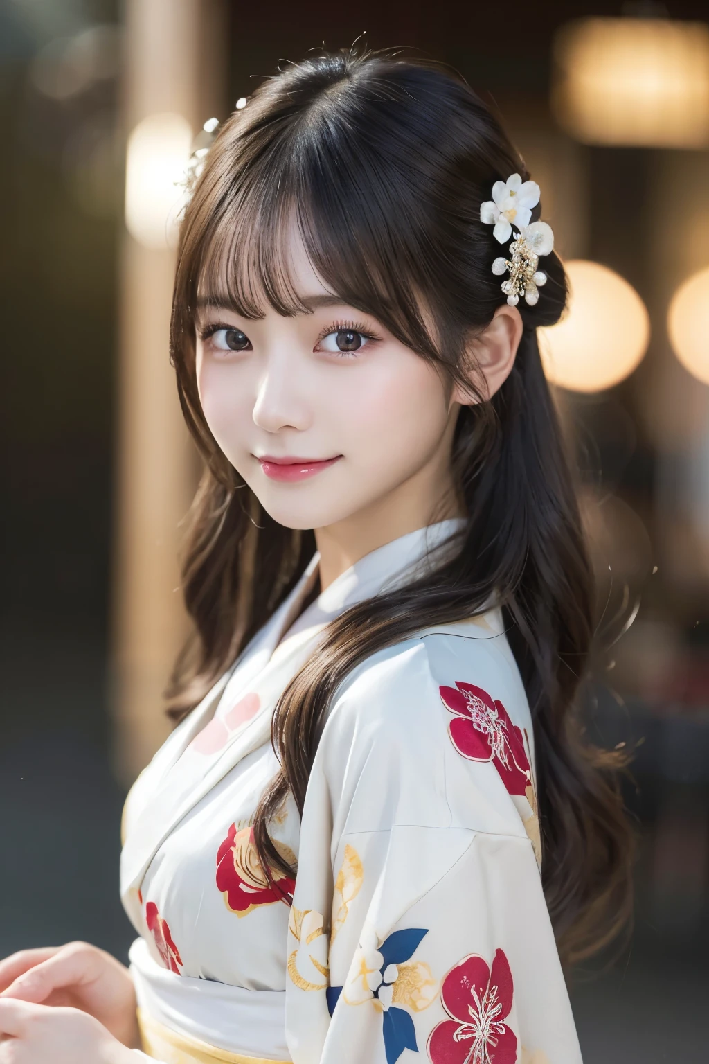 (kimono)、masterpiece、beautiful girl、Beautiful detailed eyes、highest quality, 超A high resolution, (reality: 1.2), Cinema Lighting、(Japanese Girls)、so beautiful、Beautiful Skin、(Looking at the audience)、(Surreal)、(High resolution)、(8k)、(Very detailed)、(Beautiful fine details)、(Very detailed)、 (wallpaper)、Detailed face、Bright lighting、Professional Lighting、Smile