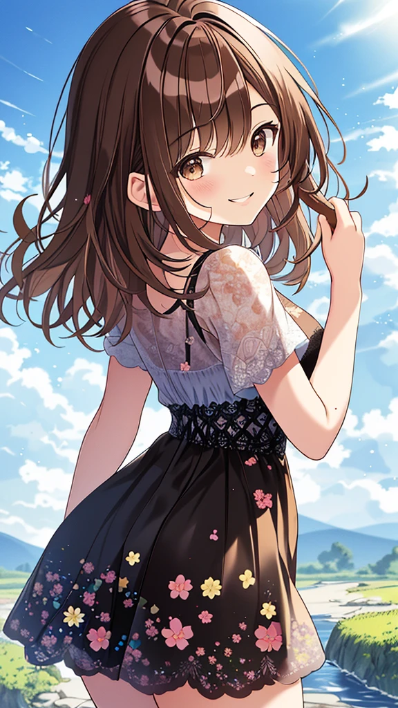 highest quality, masterpiece, Ultra-high resolution, 8k,Summer sky,early summer,((Summer clothing)),Show anime style , One, Soft Line Art, Digital Enhancement, shojo anime touch, shojo manga core, Flowing fabric, close, Soft Drawing, Ultra-Definition Digital Anime Art, Clear facial depiction, Super detailed girl cartoon character art, Ultra-detailed manga style, highest qualityの色,
(Short brown hair), Wet Hair,Staring at us from the front,Beautiful brown hair, Clear brown eyes, Slightly chubby,Small breasts,The butt is small,(((Teasing Smile))),Hands,Landscape with nature,Look up at the sky,Angle that allows you to see all the way to your feet