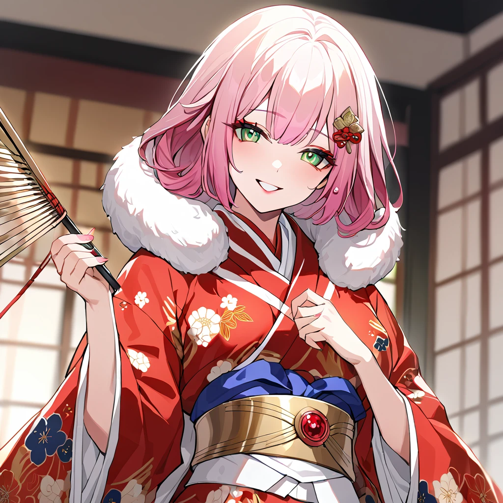 ((highest quality)), ((masterpiece)), (detailed), （Perfect Face）、（The woman is Rena, with short pink hair, a happy smile and is in a luxurious samurai mansion.、The woman is a consort to Oda Nobunaga, and is wearing a gorgeous embroidered uchikake kimono with bright, vivid colors and patterns, as befits a consort, and has gorgeous accessories from the Edo period, such as a gorgeous hairpin and a bunkin takashimada hairstyle.）