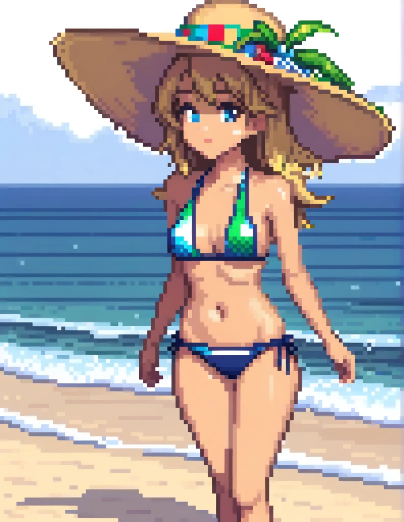 (masterpiece, top quality, best quality), pixel,pixel art,girl,big hat,swimsuit,beach,tanning skin,fullbody