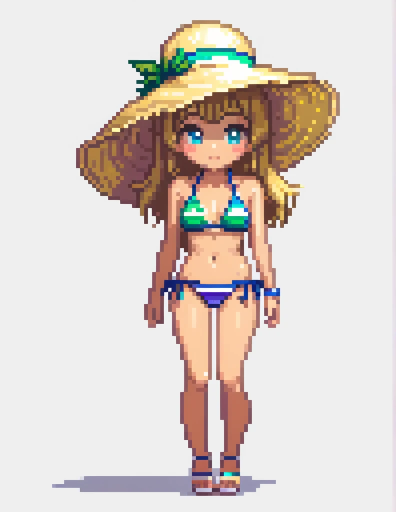 (masterpiece, top quality, best quality), pixel,pixel art,girl,big hat,swimsuit,beach,tanning skin,fullbody