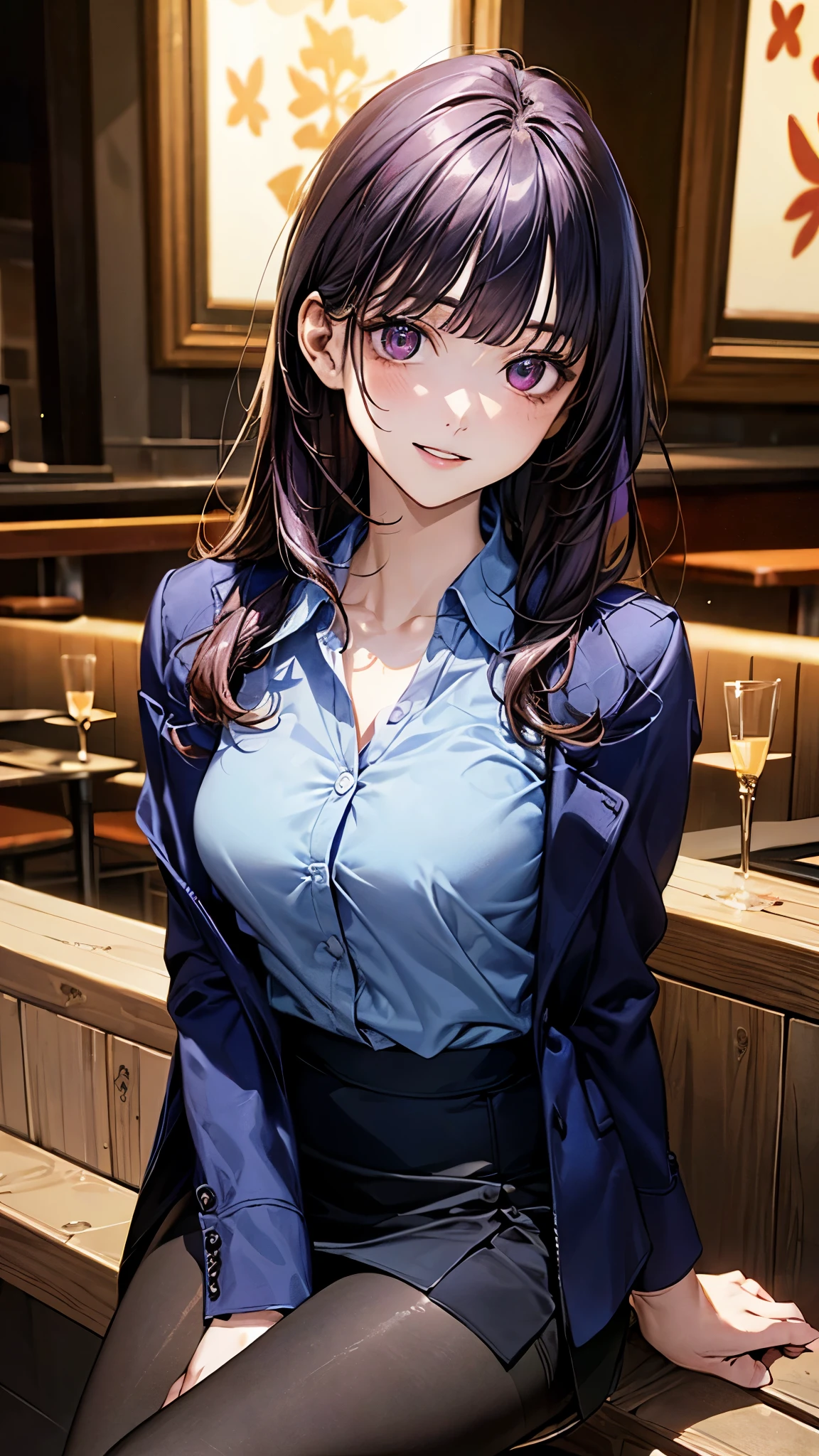 (masterpiece:1.2, top-quality), (realistic, photorealistic:1.4), beautiful illustration, (natural side lighting, movie lighting), surrealism, 
looking at viewer, 1 girl, japanese, 22 years old, , perfect face, cute and symmetrical face, babyface, shiny skin, 
(long hair:1.8, straight hair:1.7, hair intakes, purple hair), blunt bangs, maroon eyes, big eyes, slant eyes, long eye lasher, (medium breasts, thick thighs), 
beautiful hair, beautiful face, beautiful detailed eyes, beautiful clavicle, beautiful body, beautiful chest, beautiful thigh, beautiful legs, beautiful fingers, 
((navy jacket, close jacket, navy tight skirt, light blue collared shirt), black pantyhose), clavicle, 
(beautiful scenery), evening, (bar:1.2, sitting chair), , (lovely smile, parted lips), 
