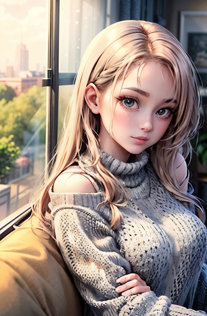 Amazing portrait of a sexy woman with perfect hair and amazing makeup with a seductive gaze while blushing intensely and being ready to kiss wearing a long oversized sweater and sitting comfortably on couch near a window with natural light beaming through window showcasing her beautiful face while she's seductively gazing at us very seductively