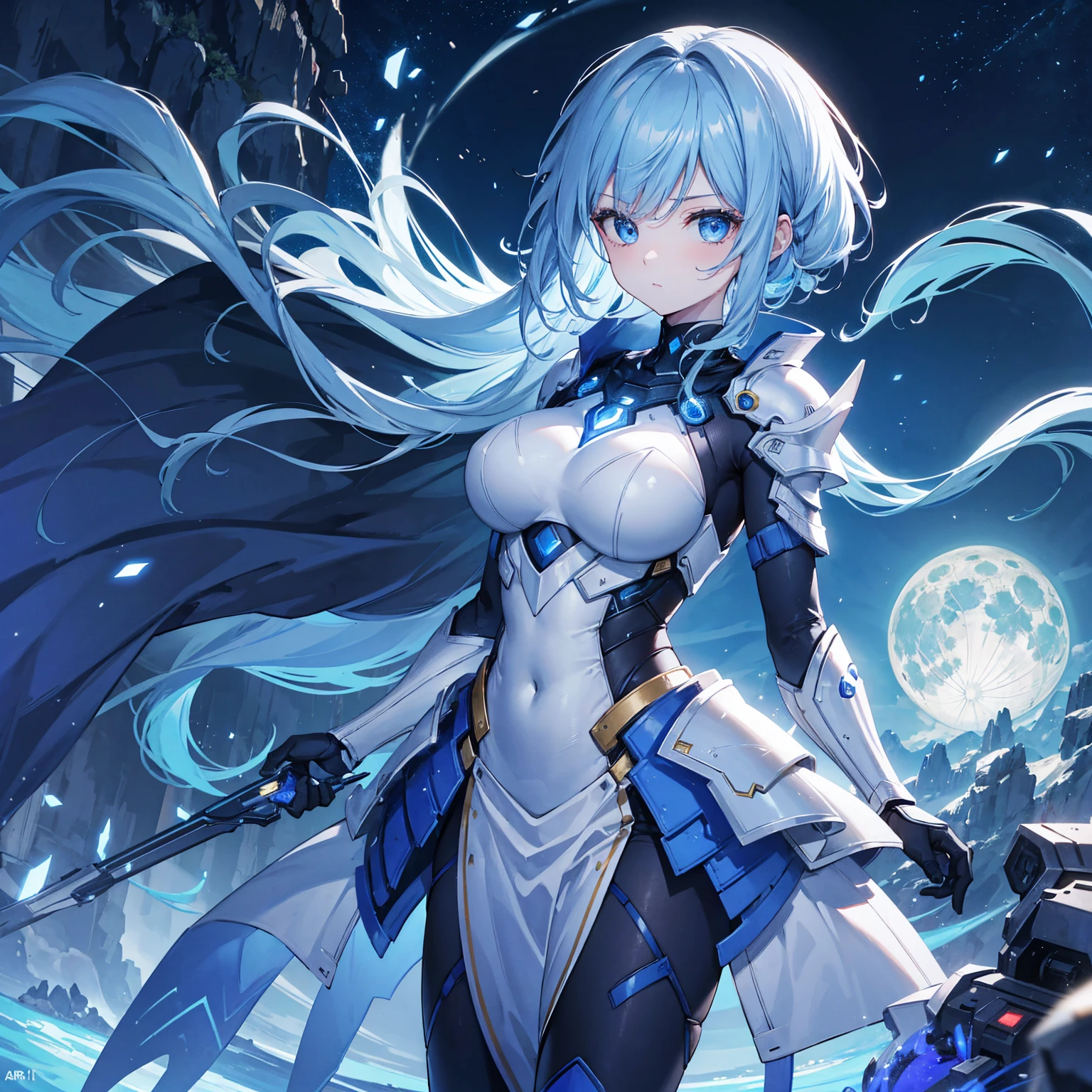 8k, highest quality, (real:1.4), Original photo, 1 girl, Asari Hair, Biological Amplifier, refined armor, posture: Peace talks between warring factions, smart blue eyes,Big moon in the background
