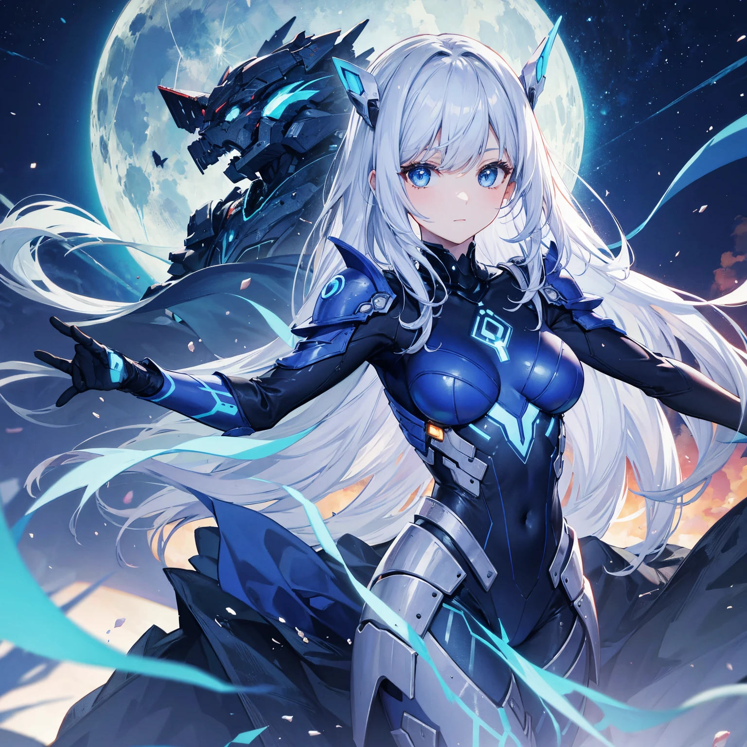 8k, highest quality, (real:1.4), Original photo, 1 girl, Asari Hair, Biological Amplifier, refined armor, posture: Peace talks between warring factions, smart blue eyes,Big moon in the background