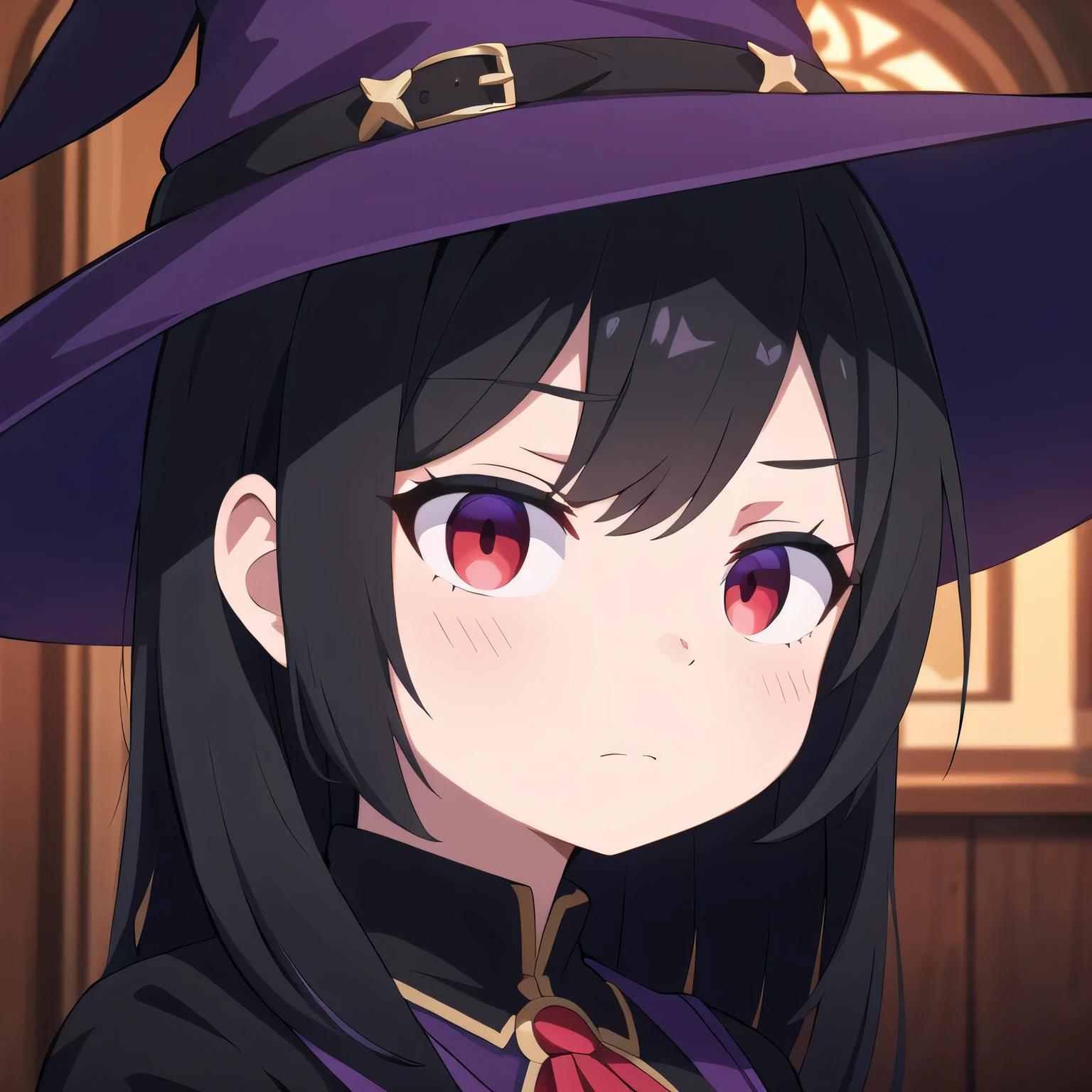 a detailed portrait of a serious-looking teenage girl with black hair, red eyes, and a witch hat with red details, in a high school setting, masterpiece, ultra-detailed, realistic, 8k, best quality, vivid colors, dramatic lighting, dark blue and violet color palette, cinematic composition