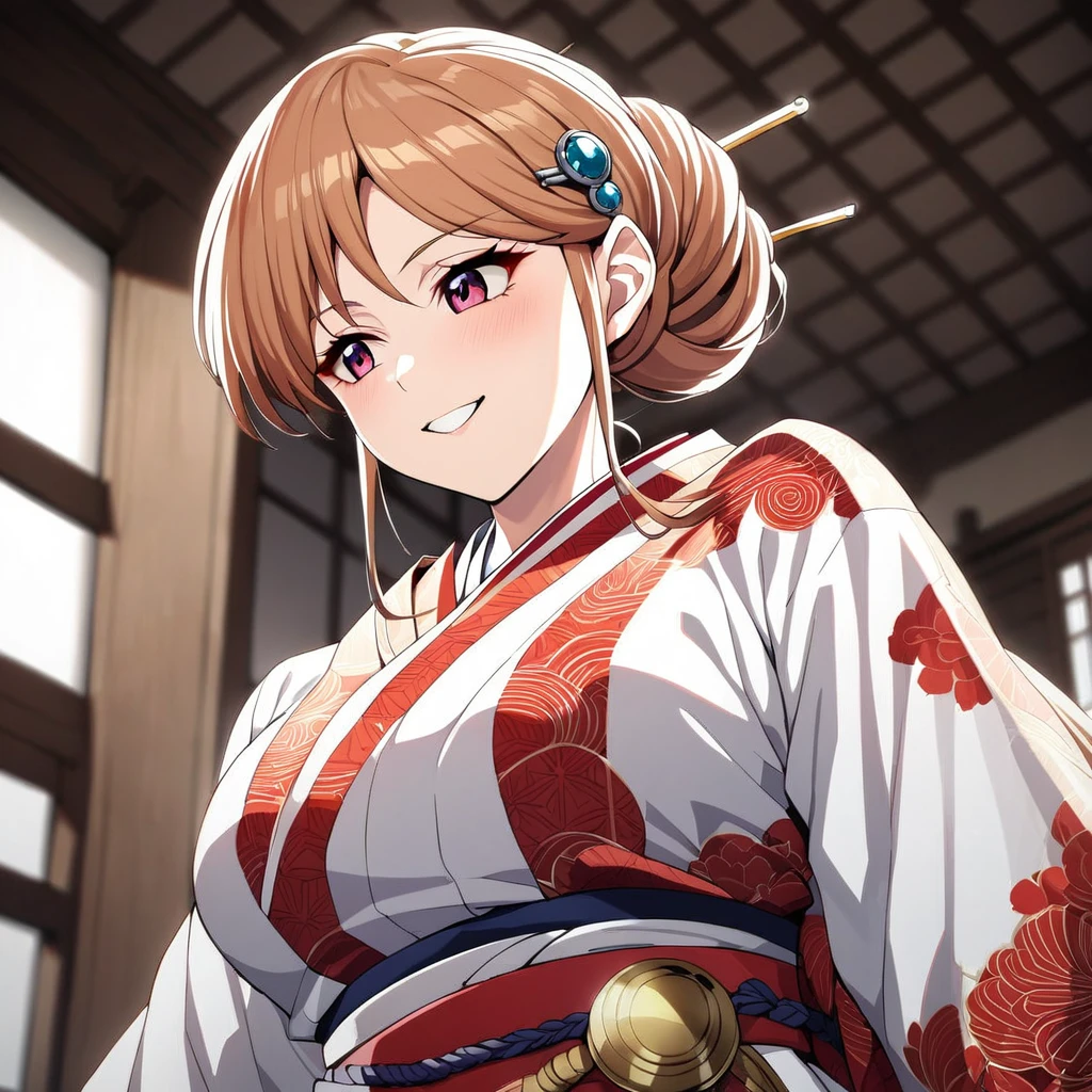 ((highest quality)), ((masterpiece)), (detailed), (Perfect Face)、(The woman is Princess Leona, with long light brown hair, a slender figure but average breasts, a happy smile, and is in a luxurious samurai mansion.、The woman is a consort to Oda Nobunaga, and is wearing a gorgeous embroidered uchikake kimono with bright, vivid colors and patterns, as befits a consort, and has gorgeous accessories from the Edo period, such as a gorgeous hairpin and a bunkin takashimada hairstyle.)