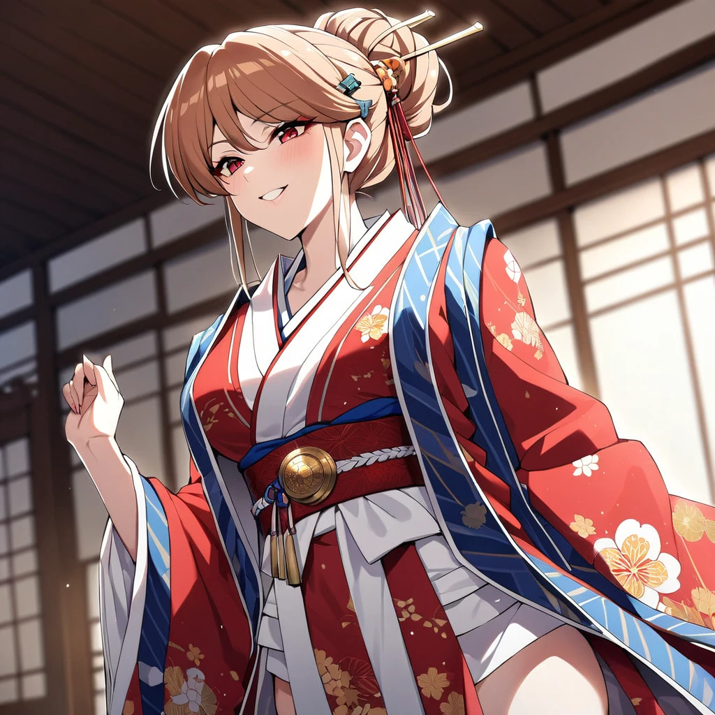 ((highest quality)), ((masterpiece)), (detailed), （Perfect Face）、（The woman is Princess Leona, with long light brown hair, a slender figure but average breasts, a happy smile, and is in a luxurious samurai mansion.、The woman is a consort to Oda Nobunaga, and is wearing a gorgeous embroidered uchikake kimono with bright, vivid colors and patterns, as befits a consort, and has gorgeous accessories from the Edo period, such as a gorgeous hairpin and a bunkin takashimada hairstyle.）