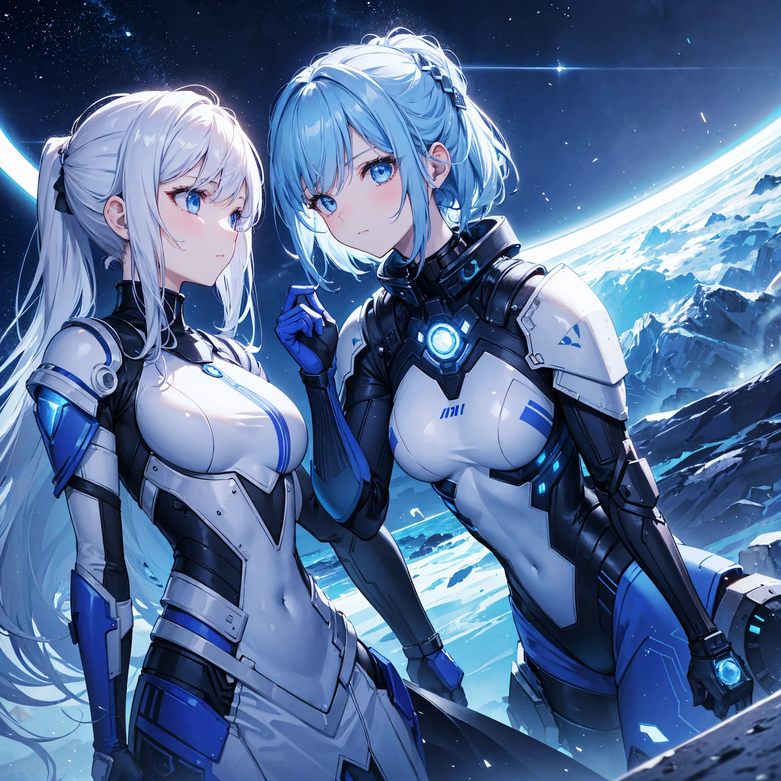 8k, highest quality, (real:1.4), Original photo, 1 girl, Asari Hair, Biological Amplifier, refined armor, posture: Peace talks between warring factions, smart blue eyes,Big moon in the background