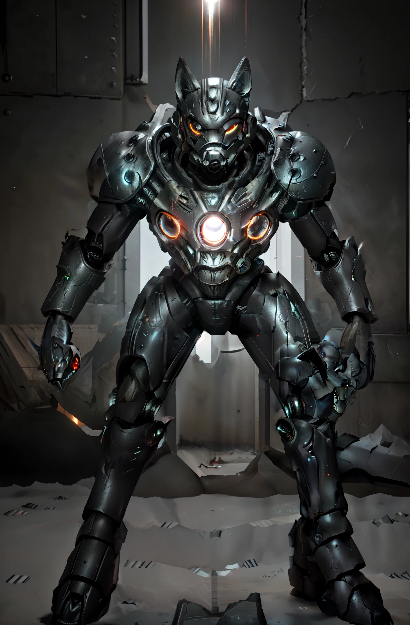 20 ft tall dark power armor shaped like a fox red glowing eyes Gauntlet with sharp claws and the helmet have a snout and sharp metal ears and a robotic fox tail