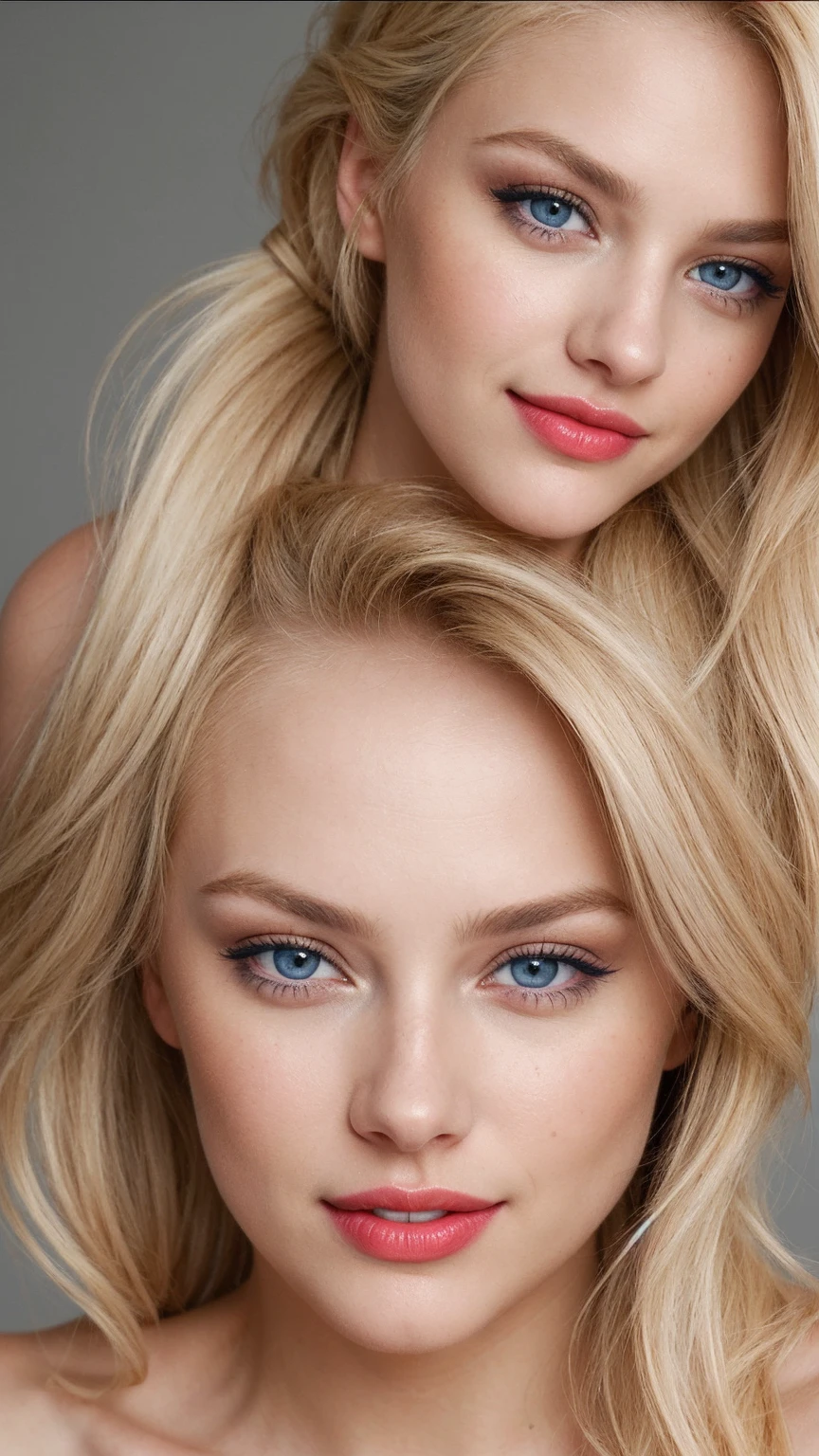 an eye contact of a blond, blue eyes and georgous lipps, looking sexy, horny, dezent make up, beautiful hair, smiling, showing teeth, brown strikes in hair, dezent red lips, pony tail