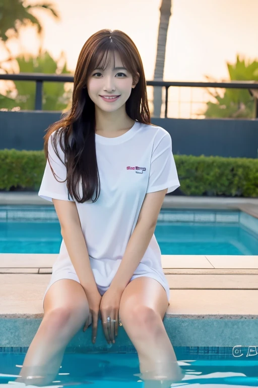 (8K), (highest quality: 1.2), (Realistic), (Realistic: 1.37), Ultra-high resolution,Japanese women,Sit by the pool,Spread your legs,.A radiant smile,Night Pool,Clear unevenness,slender,A Cup,whole body,Wear a wet shirt,Wet straight hair,Beautiful water splashes,whole bodyびしょ濡れ