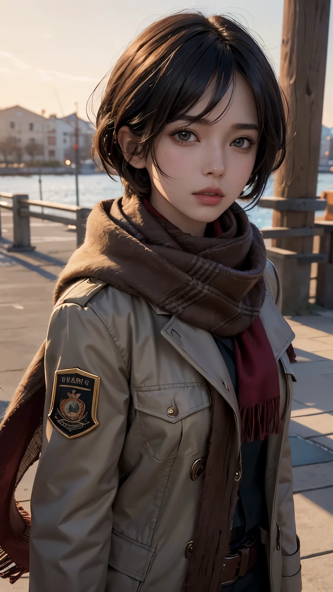 score_9, score_8_up, score_7_up, i want the whole image to be created in 3D anime style, 1girl, solo, looking at viewer, short hair, bangs, shirt, black hair, hair between eyes, brown eyes, closed mouth, jacket, white shirt, upper body, artist name, scarf, open jacket, lips, wind, portrait, red scarf, brown jacket, nose, emblem, paradis military uniform, embers, survey corps (emblem), mikasa ackerman