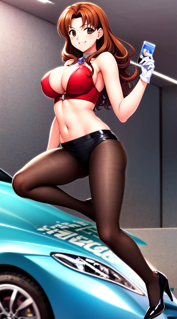 Sonozaki　Misao Sonozaki, masterpiece, best quality, a woman in a campaign girl outfit and high heels is standing poses for a camera next to the racing car at the racing circuit, 1girl, solo, short skirt, midriff, sleeveless shirt, high heels, breasts, black and red shirt, gloves, navel, spread legs, jewelry, cleavage, smile, circuit background, right brown hair, wavy and curly hairstyle, long hair, large breast, tareme, nice ass, brown eyes, slender face, beautiful tits, beautiful ass, slim waist, 