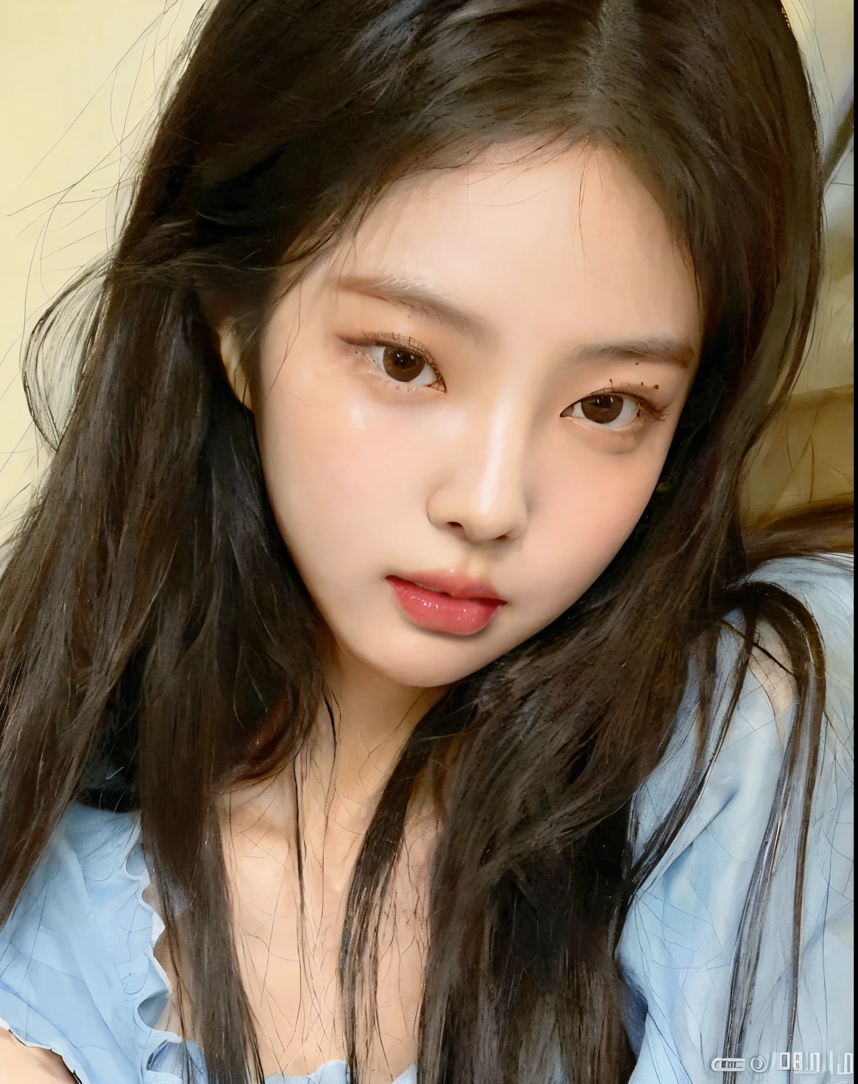 Araped Asian woman with long black hair and blue shirt, Jenny Blackpink, Best Face, Jinyoung Canella, 젊고 사랑스러운 korean 얼굴, Jaeyeon Nam, 귀엽고 사랑스러운 korean 얼굴, young cute white asian face, korean, Heonhwa Choi, common ratio, beautiful aesthetic face, Korean facial features, With a beautiful and slim face