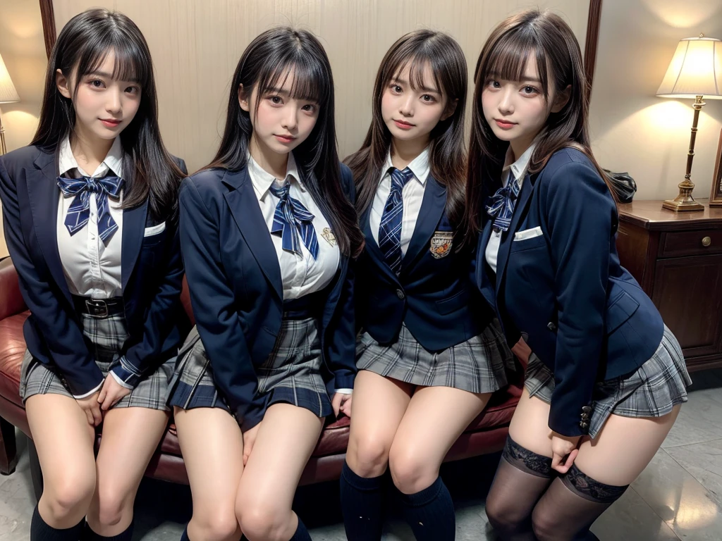 master piece, best quality, illustration, Super detailed, fine details, High resolution, 8K,wall paper, perfect dynamic composition,(Details High quality, realistic depiction of eyes:1.3), ((2 girls, 2 schoolgirls)), The background is a luxury hotel room、High school girl uniform、blazer 、Super Short Check Uniform Skirt、Navy blue high socks、garterbelts、Colossal tits、Disturbed uniform, Play with each other,Touching each other's bodies,Touching the body of the girl next door, short bob hair, black hair color, huge breasts, Big Natural Color Lip, bold sexy pose, (perfect body shape), crying a little、cold gaze, Harajuku style、Beautiful makeup,glitter makeup,Cutest 18 years old, beautiful legs, hposing Gravure Idol, Voluptuous thighs