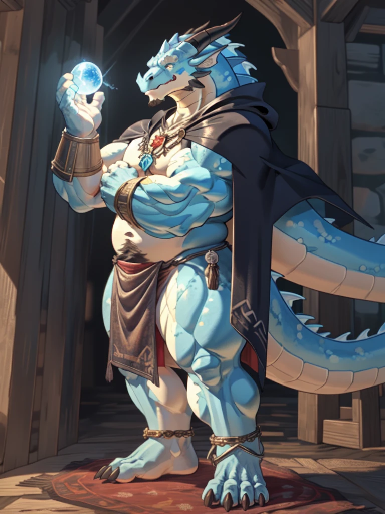 A red chubby dragon with body hair, wearing a loincloth, gauntlets, anklets, and a cape, big butt, holding a blue magical orb,