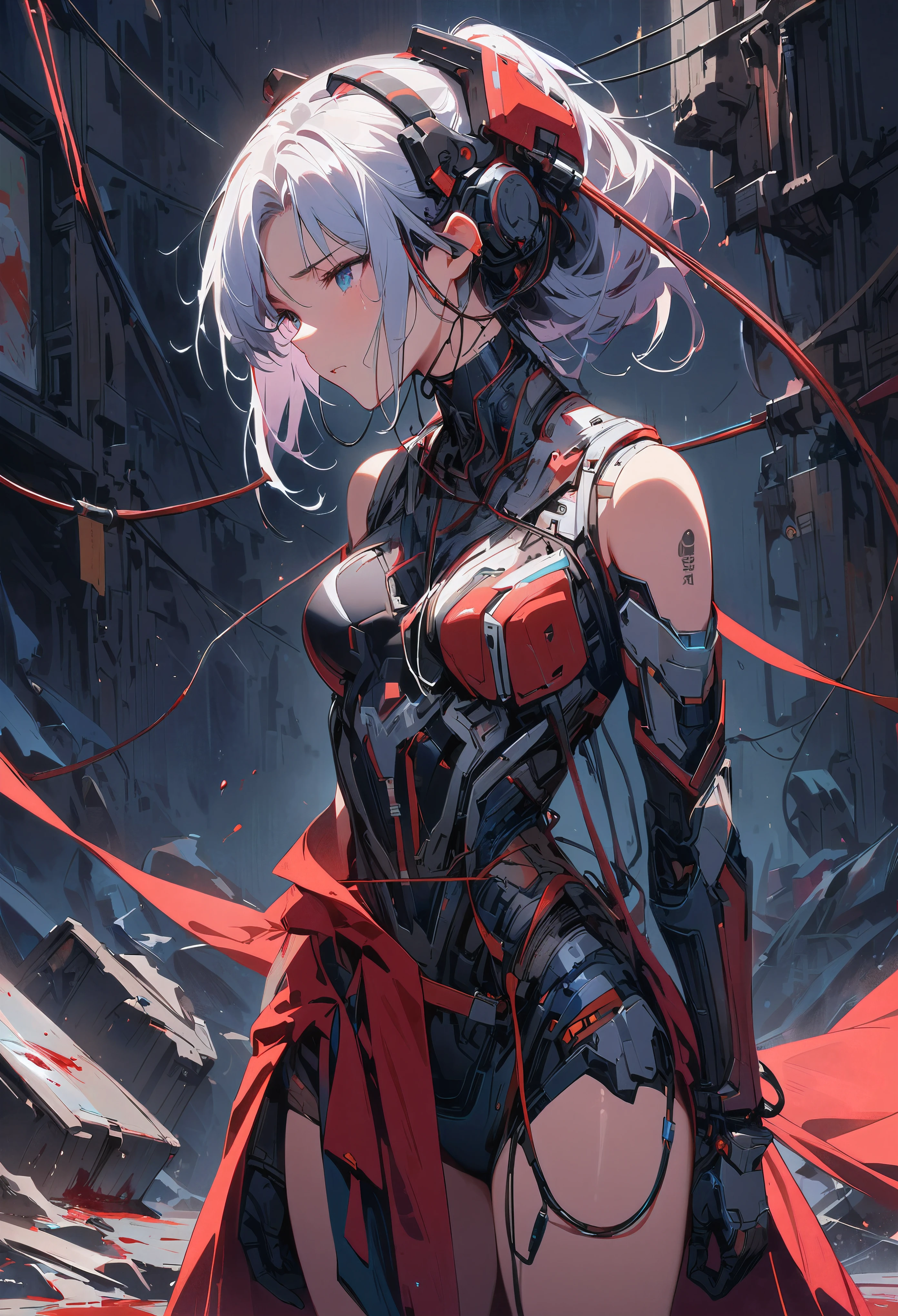 (((masterpiece))), ((best quality)), (Super details), (CG illustration), (very beautiful)), film light, (((1 Mechanical Girl)), single, (mechanical arts: 1.4), ((mechanical limbs)), (Blood tube attached to the tube), ((The mechanical spine is fixed to the back)), ((Mechanical cervical spine attached to the neck), (back to the audience)), An expression of distress, crying face, (Wires and cables connected to the head and body: 1.5), Science fiction, Revelation, ruins, (Lower body integrated with mechanics), (Blood: 1.5), cruel, absurd, style, Integrate with machines, end of the world, Super future, inorganic, laboratory, restraint, (beautiful indulgence: 1.2), (1 girl: 1.3), The body is wrapped in mechanical tentacles, clear eyes