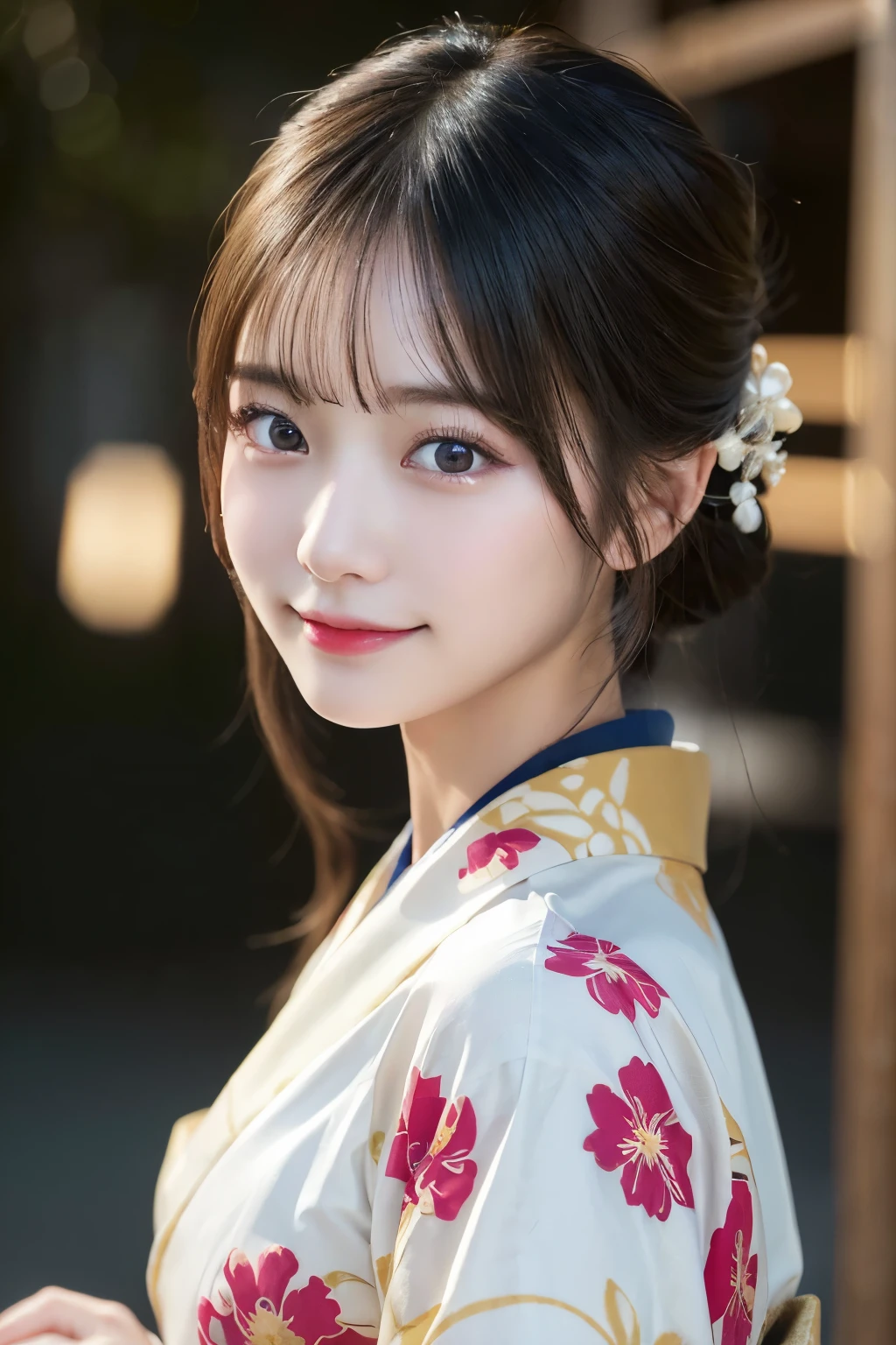 (kimono)、masterpiece、beautiful girl、Beautiful detailed eyes、highest quality, 超A high resolution, (reality: 1.2), Cinema Lighting、(Japanese Girls)、so beautiful、Beautiful Skin、(Looking at the audience)、(Surreal)、(High resolution)、(8k)、(Very detailed)、(Beautiful fine details)、(Very detailed)、 (wallpaper)、Detailed face、Bright lighting、Professional Lighting、Smile