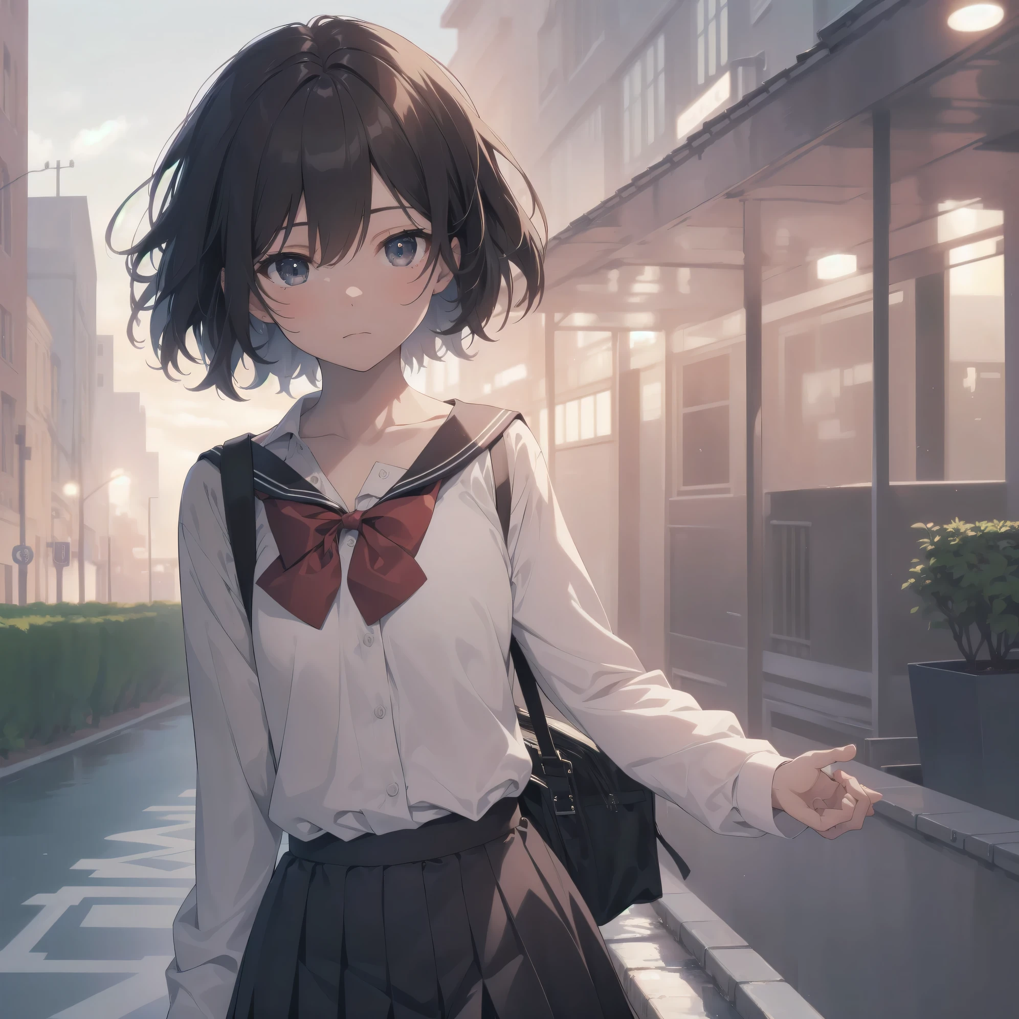 ultra-absurdres-Top quality by artist God, ultra-detailed, high resolution, anime moe artstyle, best anime 8k konachan wallpaper, pixiv contest winner, pool:2810, perfect anatomy,break, 1girl, (Please draw a girl walking sleepily to school alone. )break,(Solo,little female, 13-year-old:1.3),Full limbs, complete fingers,a junior high school student, (very short hair), short cut, flat chest, , small butt, small black eyes, beautiful detailed eyes, well-proportioned iris and pupils, expressive eyes, highres detailed hair, soft expression, salor school_uniform, sailor collar, serahuku, bow, pleated skirt,(Detailed Lighting), (Detailed background), in the School commute route. break,super detailed skin, Best cinematic lighting powered by famous artist, 8k,beauty illustration,photoshop_(medium),very aesthetic,break,((artist:sofra )), artist:clamp ,artist:carnelian ,artist:kantoku ,