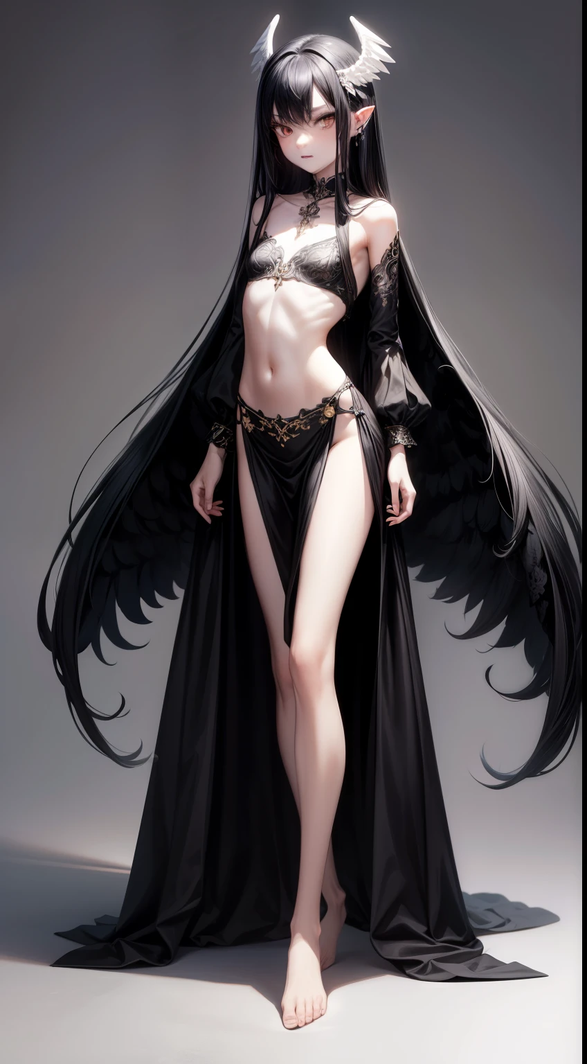 ((best quality)), ((masterpiece)), (detailed), perfect face, Character design, female, long black hair, wearing a black angelic dress with silver details, white eyes, small frame, very skinny, detailed, best quality, no accesoires around the neck, no shoes, prominent collarbones, skinny arms, flat stomach, visible hip bones, full body, fangs, pale skin, angelic, small waist