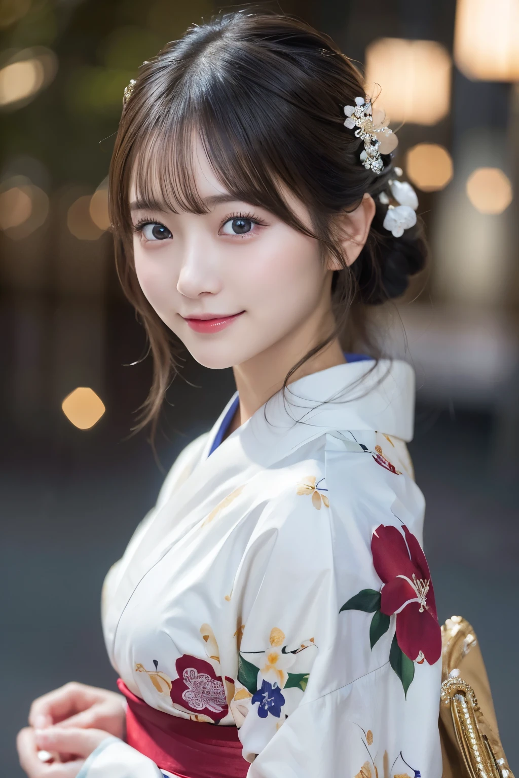 (kimono)、masterpiece、beautiful girl、Beautiful detailed eyes、highest quality, 超A high resolution, (reality: 1.2), Cinema Lighting、(Japanese Girls)、so beautiful、Beautiful Skin、(Looking at the audience)、(Surreal)、(High resolution)、(8k)、(Very detailed)、(Beautiful fine details)、(Very detailed)、 (wallpaper)、Detailed face、Bright lighting、Professional Lighting、Smile
