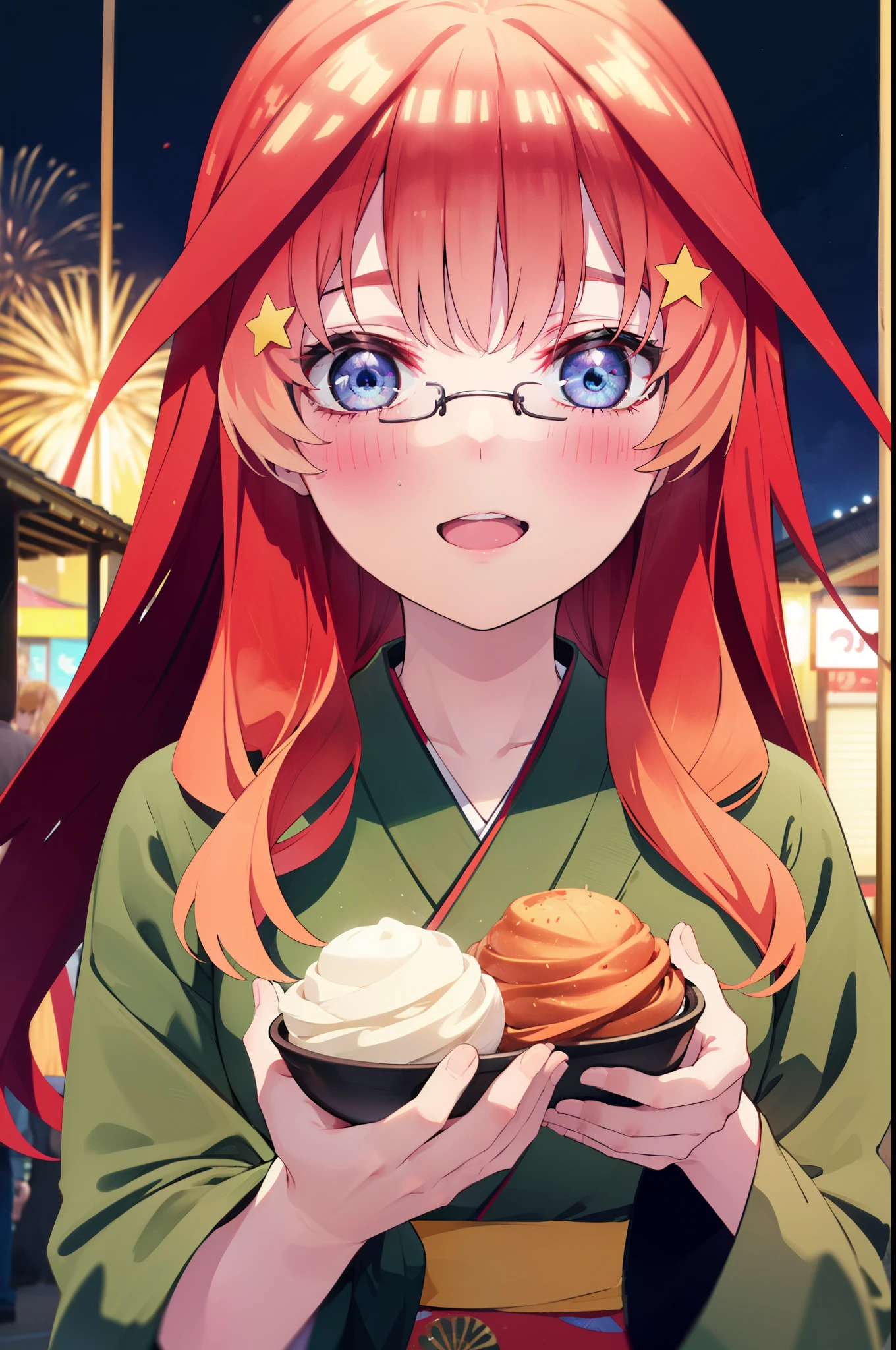 itsukinakano, Itsuki Nakano, bangs, blue eyes, Hair between the eyes, Ahoge, Redhead, star \(symbol\), hair ornaments, star hair ornaments,Akagi Glasses,smile,blush,Happy atmosphere,Open your mouth,Long Hair,Tie your hair back,red kimono,,Thick sleeves,Sandals,White tabi,night空の花火,Fireworks display,Japanese Festivals,Summer festival food stalls,Red Lantern, night,whole bodyがイラストに入るように,Looking down from above,Holding cotton candy in his right hand and eating it,
break outdoors, shrine, break looking at viewer,whole body,
break (masterpiece:1.2), highest quality, High resolution, unity 8k wallpaper, (shape:0.8), (Beautiful and beautiful eyes:1.6), Highly detailed face, Perfect lighting, Extremely detailed CG, (Perfect hands, Perfect Anatomy),