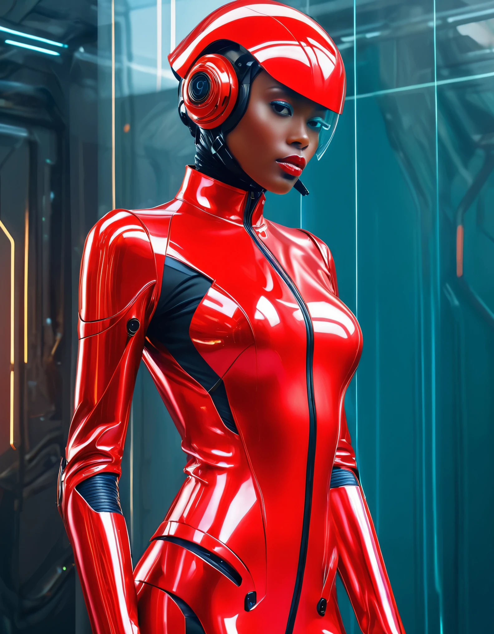 there is an African woman in a shiny red suit and helmet, glossy digital painting, portrait of a female android, portrait of an android, cyborg - girl, futuristic glossy latex suit, cyborg girl, retrofuturistic female android, portrait of a futuristic robot, cyborg fashion model, beeple and james jean, fashionable futuristic woman, integrated synthetic android, glass cyborg