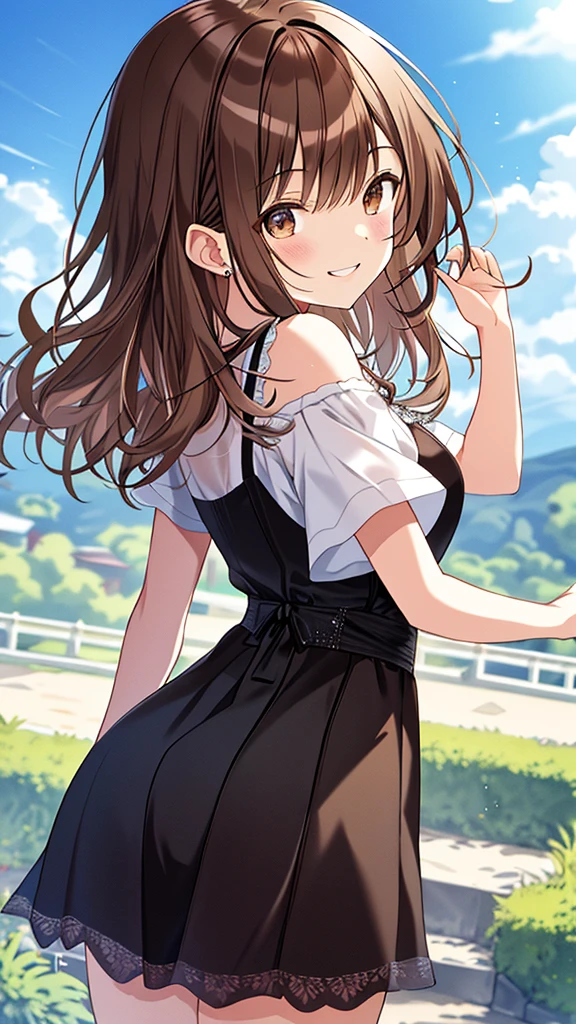 highest quality, masterpiece, Ultra-high resolution, 8k,Summer sky,early summer,((Summer clothing)),Show anime style , One, Soft Line Art, Digital Enhancement, shojo anime touch, shojo manga core, Flowing fabric, close, Soft Drawing, Ultra-Definition Digital Anime Art, Clear facial depiction, Super detailed girl cartoon character art, Ultra-detailed manga style, highest qualityの色,
(Short brown hair), Wet Hair,Staring at us from the front,Beautiful brown hair, Clear brown eyes, Slightly chubby,Small breasts,The butt is small,(((Teasing Smile))),Hands,Landscape with nature,Look up at the sky,Angle that allows you to see all the way to your feet