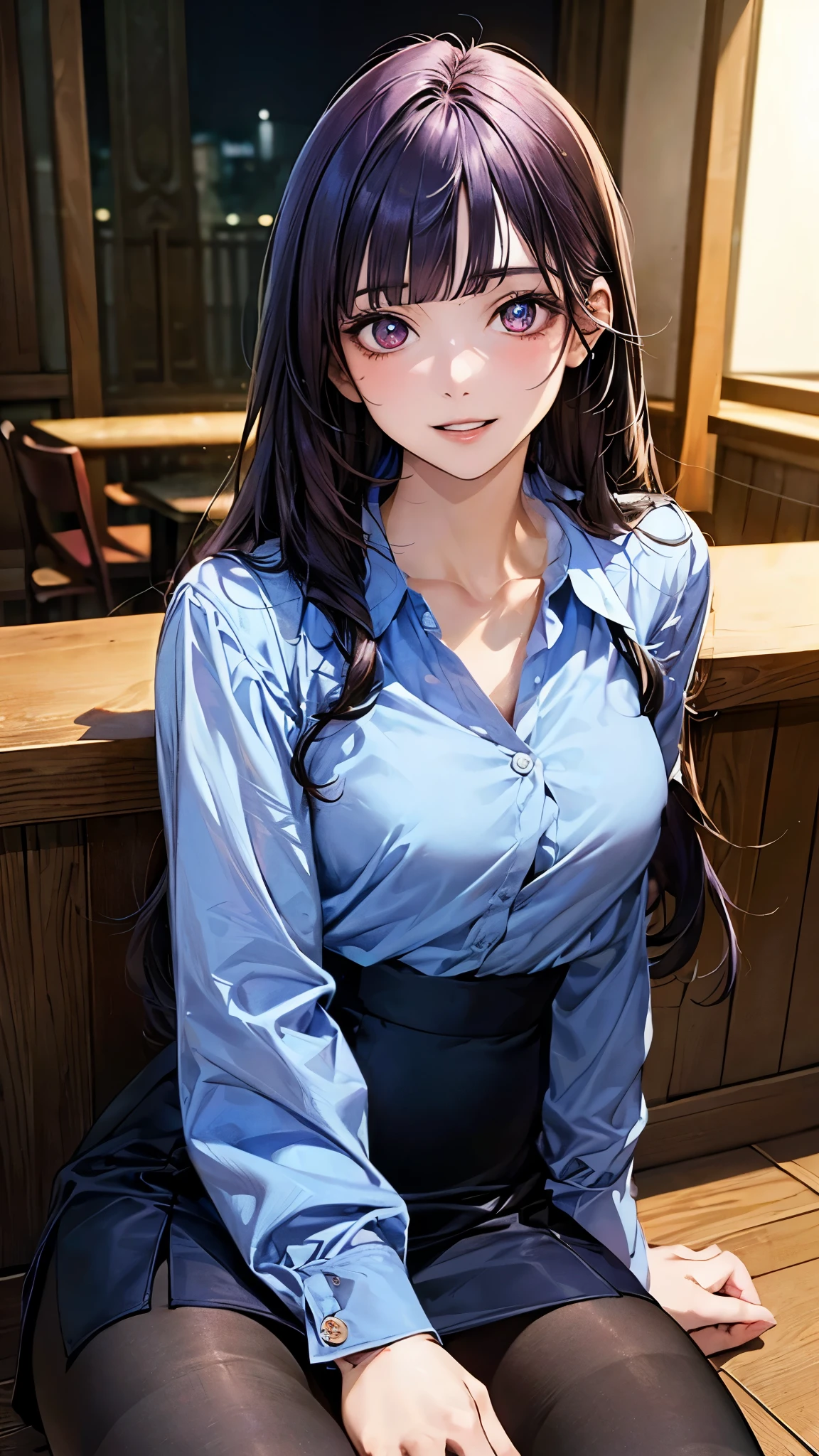 (masterpiece:1.2, top-quality), (realistic, photorealistic:1.4), beautiful illustration, (natural side lighting, movie lighting), surrealism,
looking at viewer, 1 girl, japanese, 22 years old, , perfect face, cute and symmetrical face, face, shiny skin,
(long hair:1.8, straight hair:1.7, hair intakes, purple hair), blunt bangs, maroon eyes, big eyes, slant eyes, long eye lasher, (medium breasts, thick thighs),
beautiful hair, beautiful face, beautiful detailed eyes, beautiful clavicle, beautiful body, beautiful chest, beautiful thigh, beautiful legs, beautiful fingers,
((navy tight skirt, light blue collared shirt), black pantyhose), clavicle,
(beautiful scenery), evening, (bar:1.2, sitting chair), , (lovely smile, parted lips),