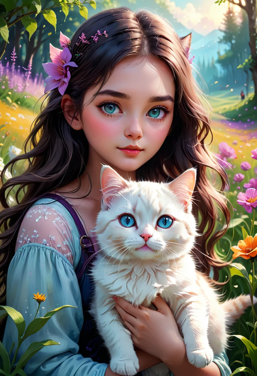 Girl with Cat, a beautiful girl with a cat, girl with a cute cat, girl petting a cat, girl in a flowery meadow with a cat, girl in a dreamy landscape with a cat, girl in a fantasy forest with a cat, photorealistic portrait of a girl and her cat, highly detailed digital painting of a girl and her feline companion, girl cuddling a cat in a serene natural setting, girl playing with a cat in a whimsical outdoor scene, (best quality,4k,8k,highres,masterpiece:1.2),ultra-detailed,(realistic,photorealistic,photo-realistic:1.37),vivid colors,intricate details,natural lighting,warm color palette,soft focus,beautiful detailed eyes,beautiful detailed lips,extremely detailed eyes and face,longeyelashes,1girl,cat,flower field,fantasy landscape,vibrant colors,depth of field,cinematic lighting