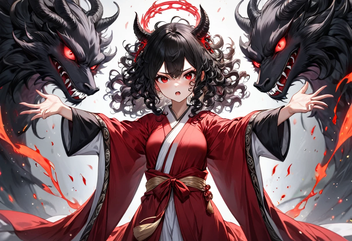 (Solo Curly:1.2. Black Hair Long Hair Evil Princess Girl, Detailed Evil:1.4. Red Eyes, anger:1.6 sides), (Spread your arms, Summoned many beasts), (Wearing the robes of an evil goddess), break, (Floating in the Dark), (masterpiece, highest quality, 16k).