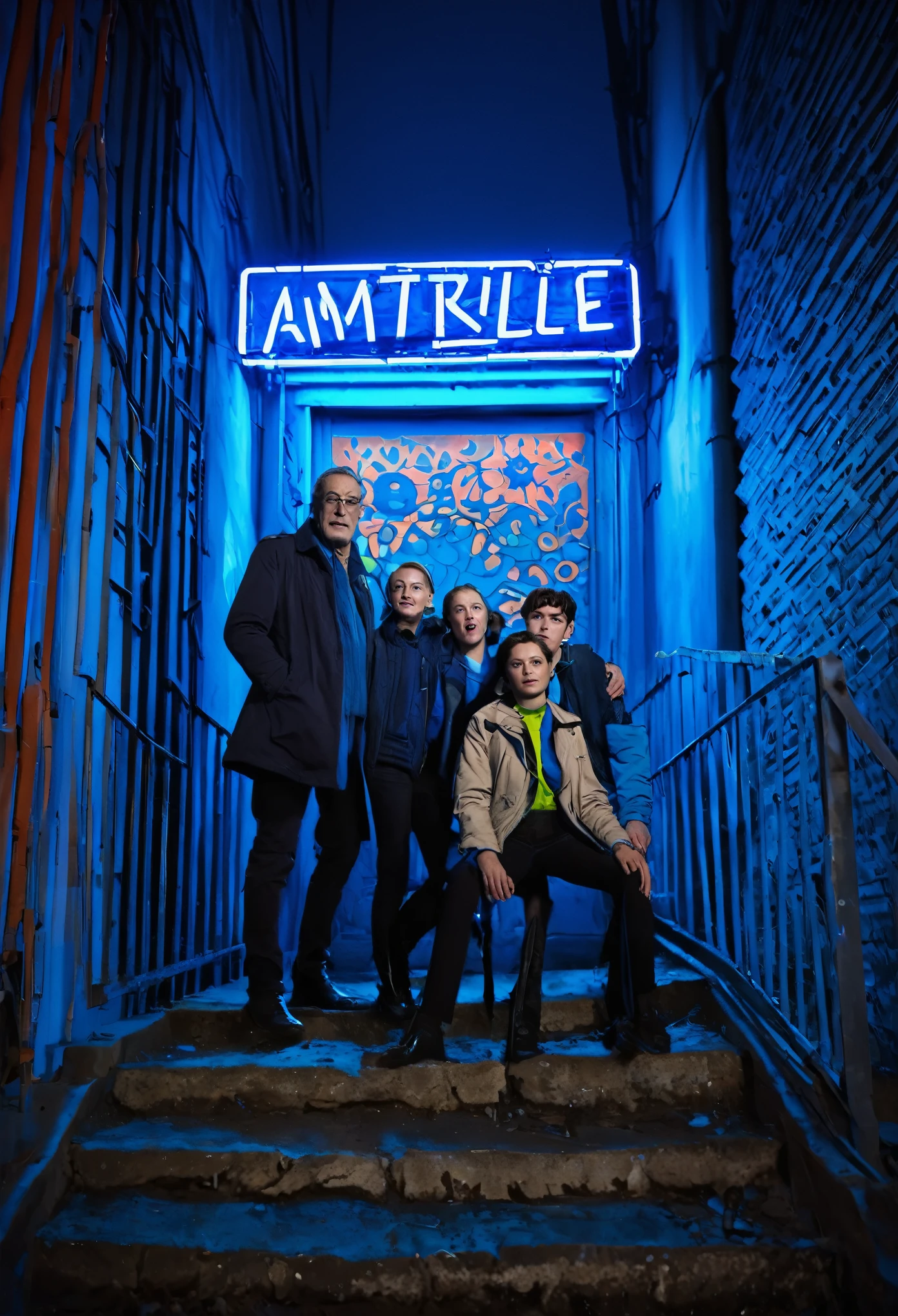 Descriptif pour transformer la photo d’Adrien pour voir avec ton ChatGPT ;
“On a blue urban background, une famille de quatre personnes se tient devant des escaliers, bathed in neon light. Les expressions sont accentuées pour capturer des émotions profondes. Des fragments de texte et des objets symboliques (comme une vieille affiche de film) ajoutent une couche de mystère et de narration à la scène. L’atmosphère générale est celle d’une scène figée dans le temps, remplie de tension et d’histoire implicite. »