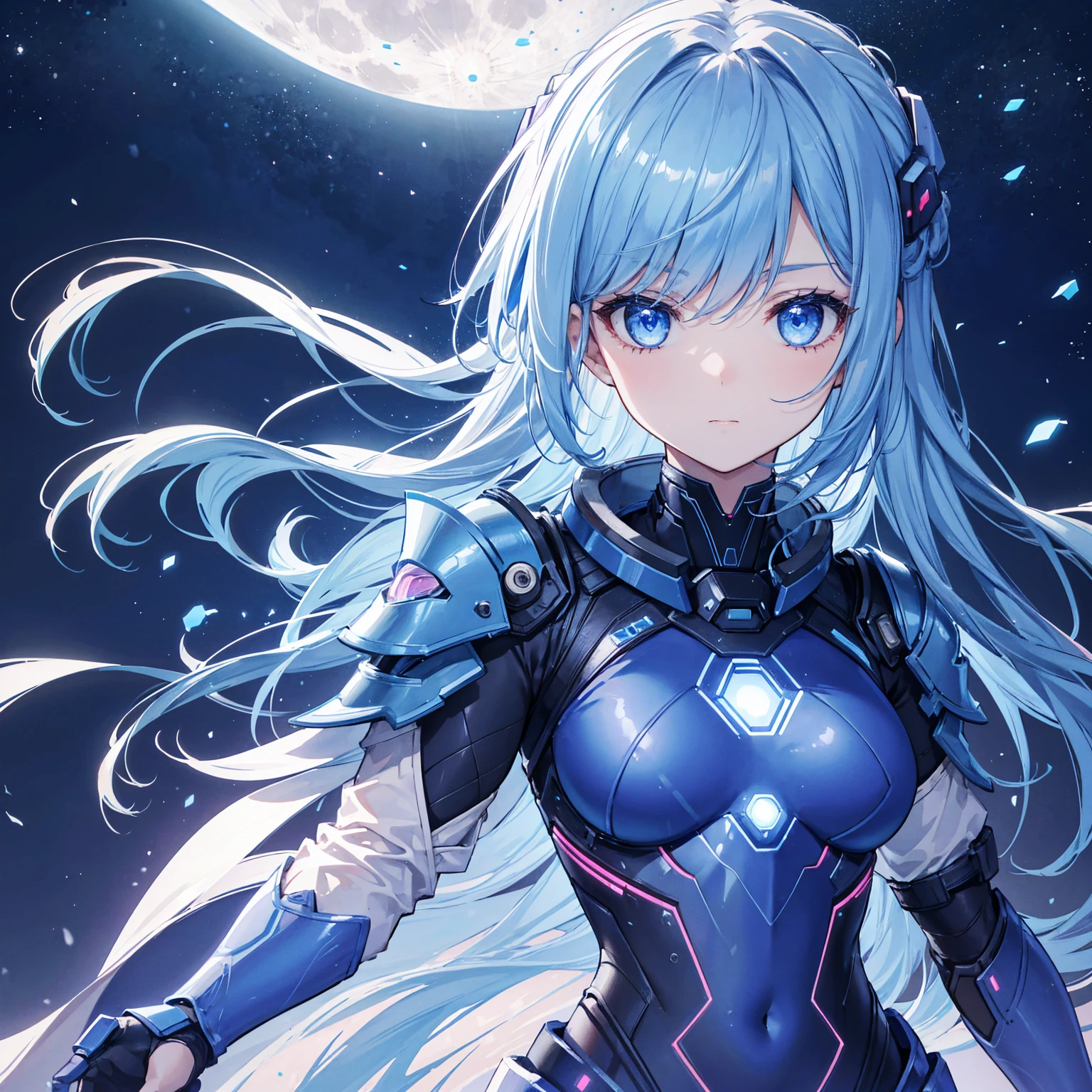 8k, highest quality, (real:1.4), Original photo, 1 girl, Asari Hair, Biological Amplifier, refined armor, posture: Peace talks between warring factions, smart blue eyes,Big moon in the background