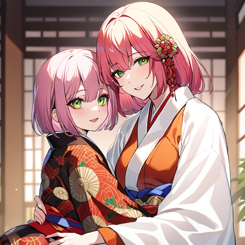 ((highest quality)), ((masterpiece)), (detailed), （Perfect Face）、（The woman is Rena, with short pink hair, a happy smile and is in a luxurious samurai mansion.、The woman is a consort to Oda Nobunaga, and is wearing a gorgeous embroidered uchikake kimono with bright, vivid colors and patterns, as befits a consort, and has gorgeous accessories from the Edo period, such as a gorgeous hairpin and a bunkin takashimada hairstyle.）、Mother and daughter cuddling. Daughter is .