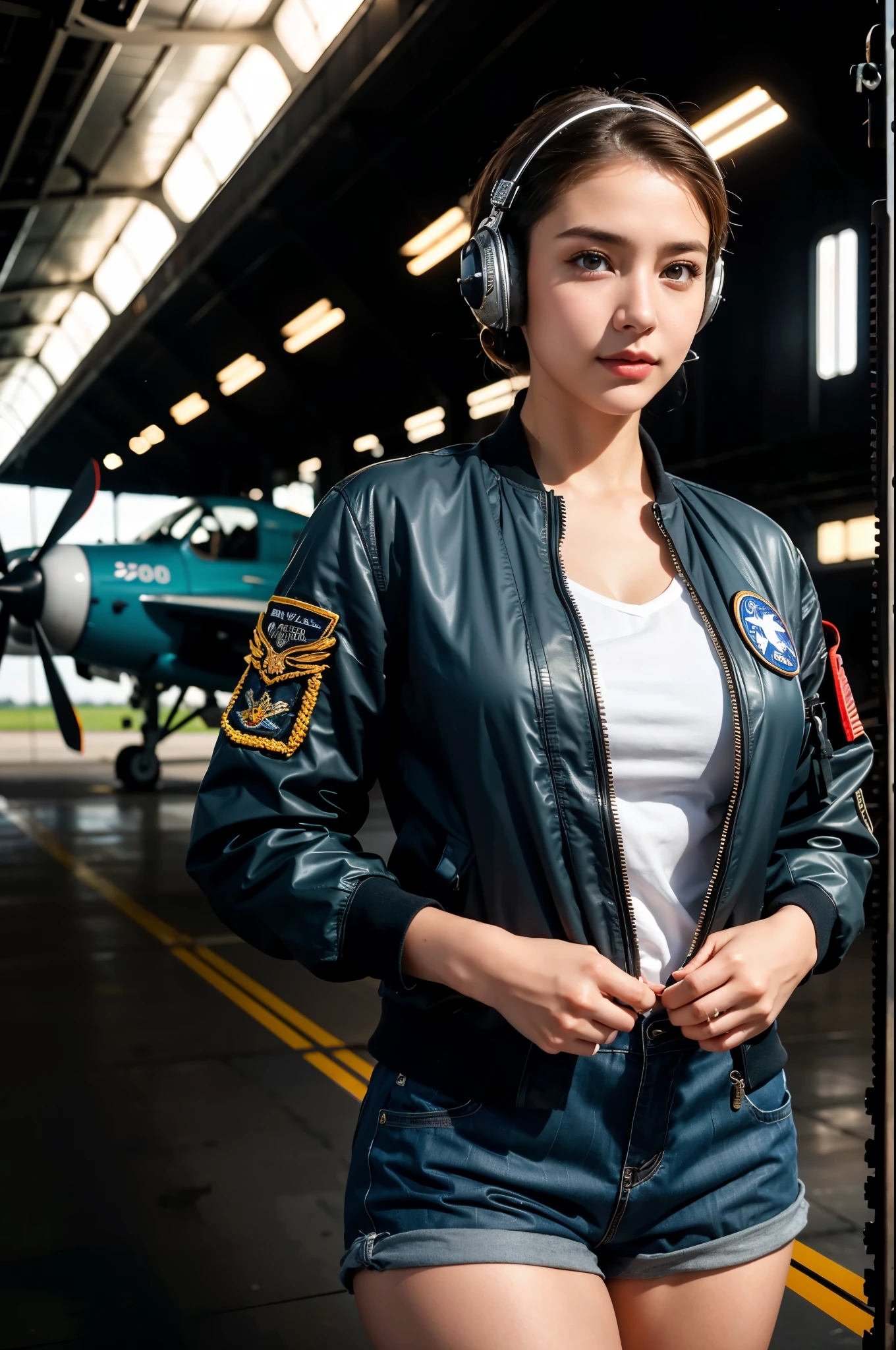Best quality, ((insanely Realistic RAW photo)), professional photograph, intricate composition, an extremely delicate and beautiful, ultra high res, professional natural lighting and shading, ((Realistic image of a extremely pretty female Aircraft mechanic, solo)), Inside a spacious Aircraft hangar, Vintage airplanes of the World War II era line the background, (Wearing a MA-1 Flight Jacket), (Wearing a headset), (wearing short pants), faint smile, She does aircraft maintenance, very professional mechanic, ((extremely beautifully detailed eyes and face)), ((insanely beautiful natural skin texture)), (Accurate eyes), Accurate hands, Well-balanced overall body