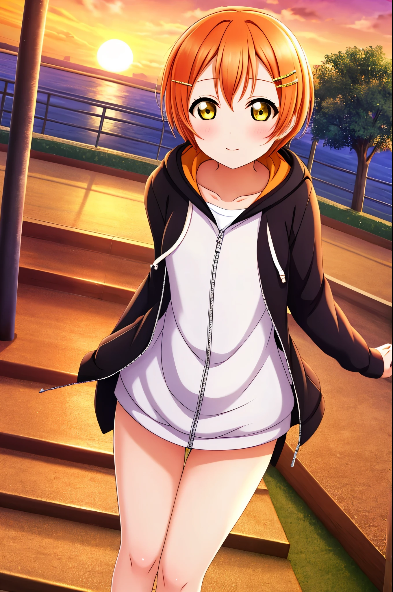 Masterpiece, best quality, cowboy shot,pov, Hoshizora rin, orange hair, floating hair, yellow eyes,solo, looking_at_viewer, blush, short_hair, long_sleeves, collarbone, yellow_eyes, hair ornaments, stairs, railing, hood, bare_legs, hoodie, standing, hood_down, zipper, naked_hoodie,thicc thighs, bottomless, in love , love scene, sunset
