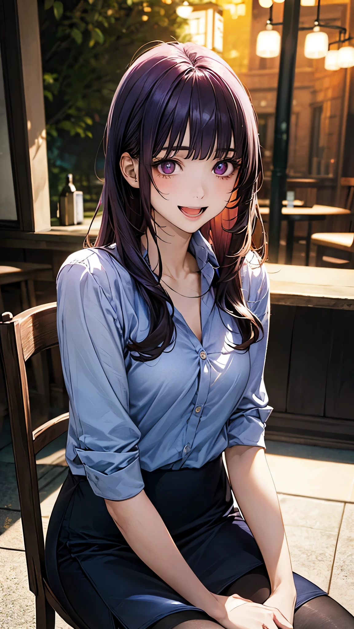 (masterpiece:1.2, top-quality), (realistic, photorealistic:1.4), beautiful illustration, (natural side lighting, movie lighting), surrealism,
looking at viewer, 1 girl, japanese, 22 years old, , perfect face, cute and symmetrical face, face, shiny skin,
(long hair:1.8, straight hair:1.7, hair intakes, purple hair), blunt bangs, maroon eyes, big eyes, slant eyes, long eye lasher, (medium breasts, thick thighs),
beautiful hair, beautiful face, beautiful detailed eyes, beautiful clavicle, beautiful body, beautiful chest, beautiful thigh, beautiful legs, beautiful fingers,
((navy tight skirt, light blue collared shirt), black pantyhose), clavicle,
(beautiful scenery), evening, (bar:1.2, sitting chair, drinking beer), , (lovely smile, upper eyes, open mouth small),