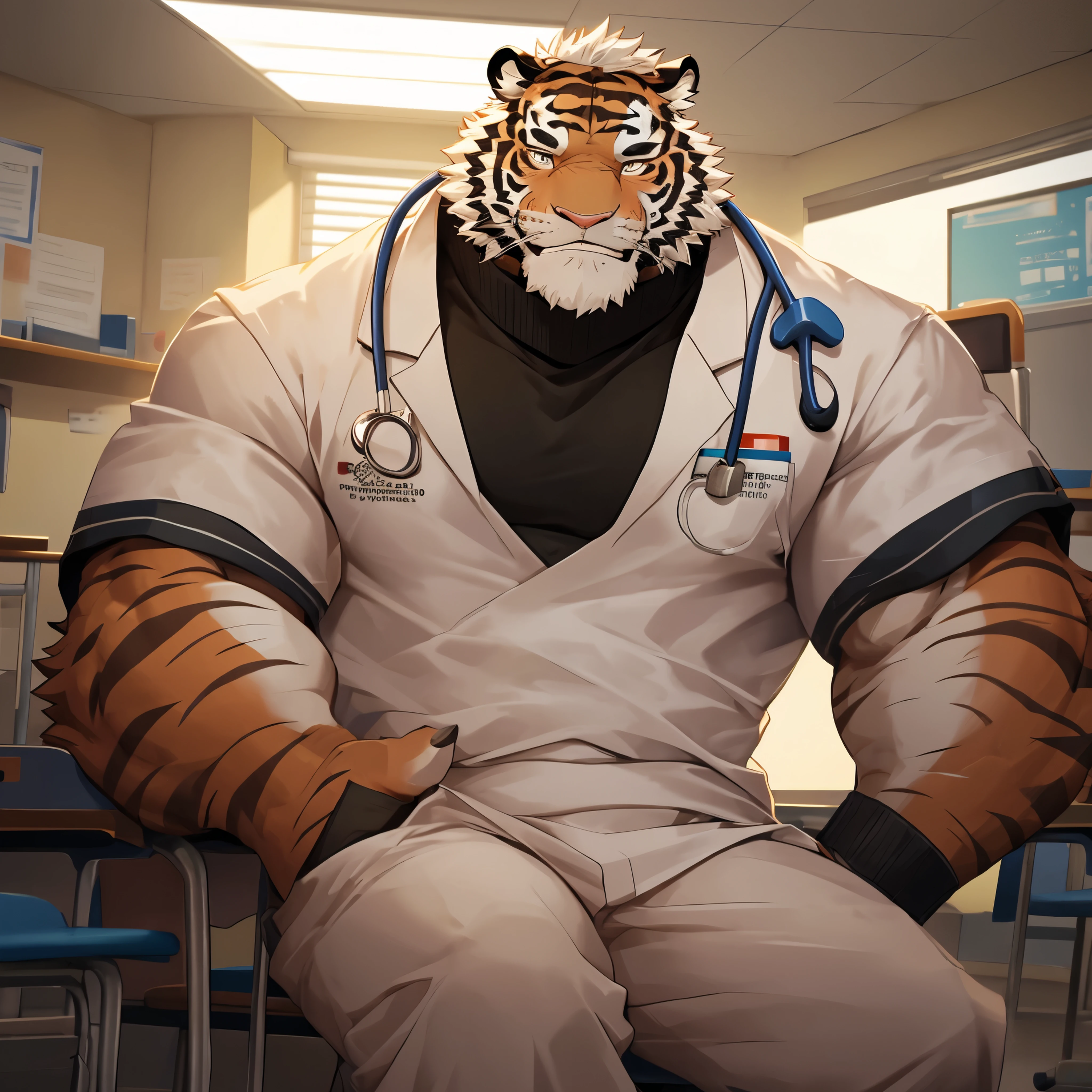 White fur, hairy,White Tiger Orc,male,White doctor gown,Black turtleneck sweater,School Health Room,School doctor