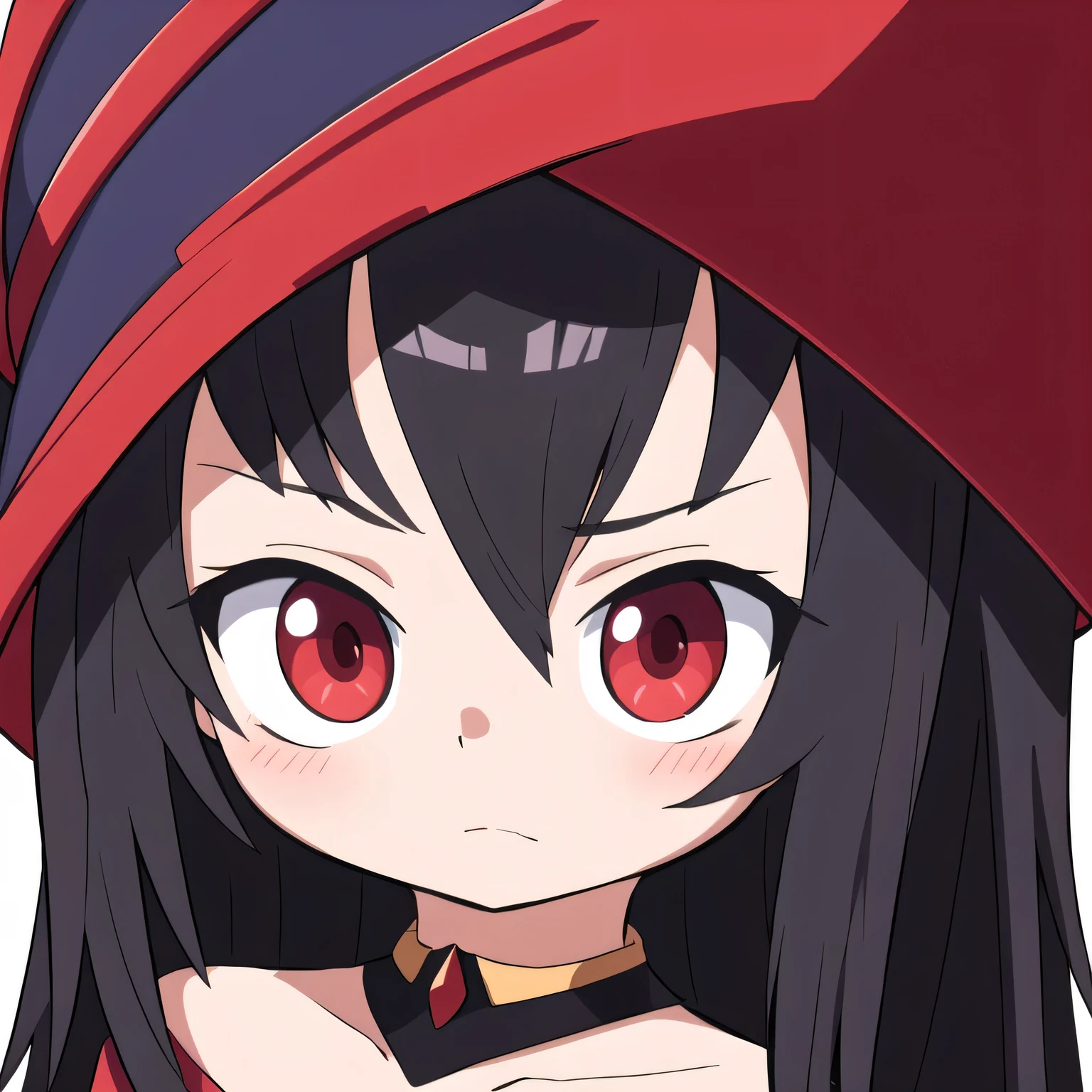 best quality,ultra-detailed,realistic,portrait,red-eyed girl:1.2,black-haired girl:1.1,serious expression,,high school setting,witch hat with red details,age girl:1.1