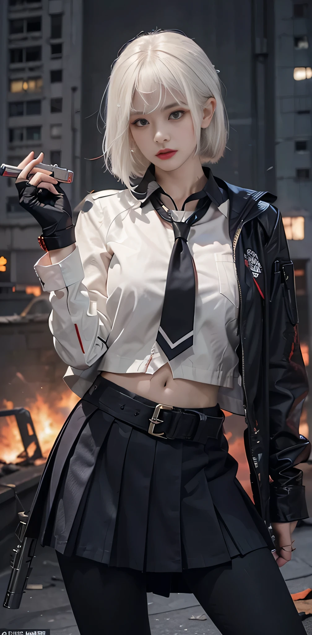 1girl, close up shot, (white hair, medium hair, large breasts, red eyes), perfect anatomy, city, cyberpunk style, ((white shirt, black jacket, black skirt, navel, belt, black gloves, neck tie, wrist watch, earrings, see through black leggings)), ((holding gun)), war, ruined city, battle field, rubble, buildings,cigarette